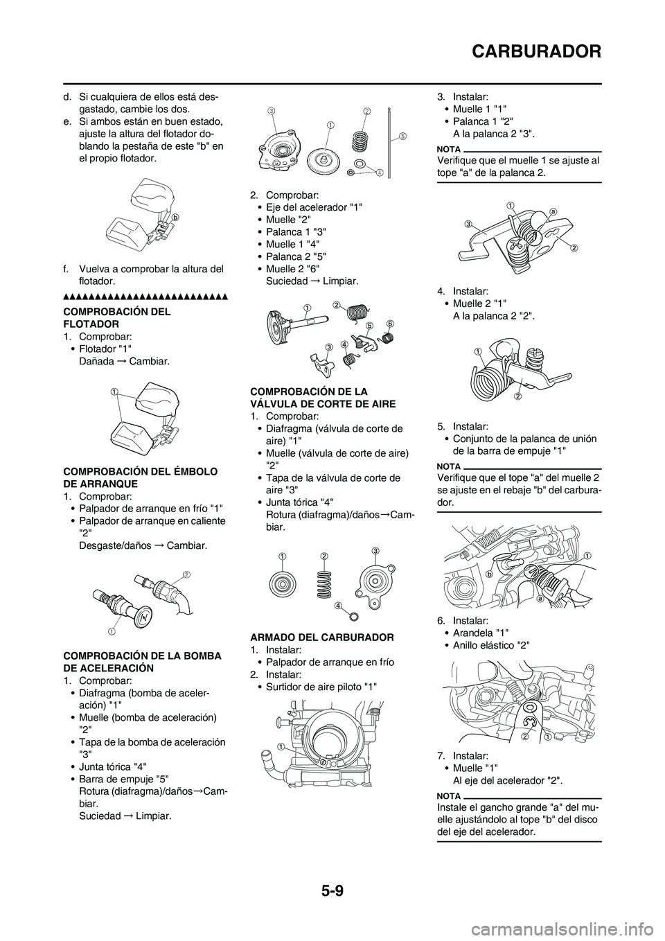 YAMAHA WR 450F 2011 Manuale de Empleo (in Spanish) 5-9
CARBURADOR
d. Si cualquiera de ellos está des-
gastado, cambie los dos.
e. Si ambos están en buen estado,
ajuste la altura del flotador do-
blando la pestaña de este "b" en
el propio flotador YAMAHA WR 450F 2011 Manuale de Empleo (in Spanish) 5-9
CARBURADOR
d. Si cualquiera de ellos está des-
gastado, cambie los dos.
e. Si ambos están en buen estado,
ajuste la altura del flotador do-
blando la pestaña de este "b" en
el propio flotador