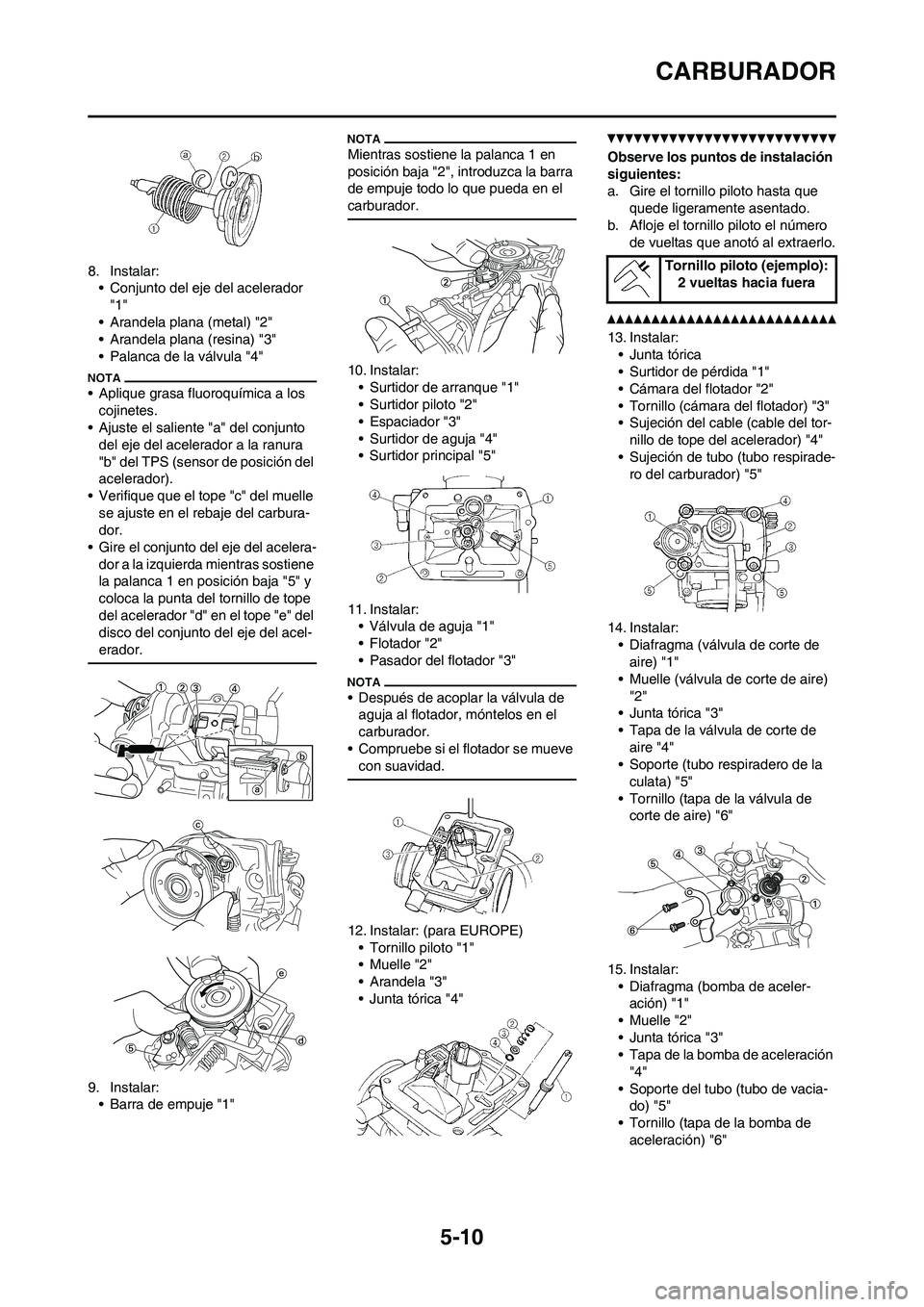 YAMAHA WR 450F 2011 Manuale de Empleo (in Spanish) 5-10
CARBURADOR
8. Instalar:
• Conjunto del eje del acelerador
"1"
• Arandela plana (metal) "2"
• Arandela plana (resina) "3"
• Palanca de la válvula "4"
• Aplique grasa fluoroquímica a l YAMAHA WR 450F 2011 Manuale de Empleo (in Spanish) 5-10
CARBURADOR
8. Instalar:
• Conjunto del eje del acelerador
"1"
• Arandela plana (metal) "2"
• Arandela plana (resina) "3"
• Palanca de la válvula "4"
• Aplique grasa fluoroquímica a l