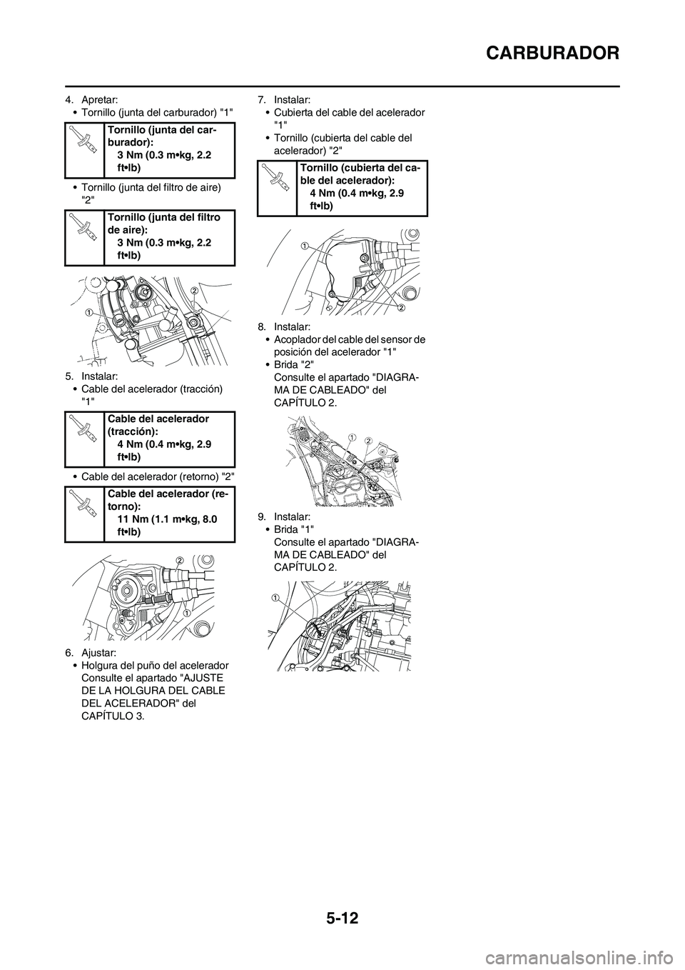 YAMAHA WR 450F 2011 Manuale de Empleo (in Spanish) 5-12
CARBURADOR
4. Apretar:
• Tornillo (junta del carburador) "1"
• Tornillo (junta del filtro de aire)
"2"
5. Instalar:
• Cable del acelerador (tracción)
"1"
• Cable del acelerador (retor YAMAHA WR 450F 2011 Manuale de Empleo (in Spanish) 5-12
CARBURADOR
4. Apretar:
• Tornillo (junta del carburador) "1"
• Tornillo (junta del filtro de aire)
"2"
5. Instalar:
• Cable del acelerador (tracción)
"1"
• Cable del acelerador (retor