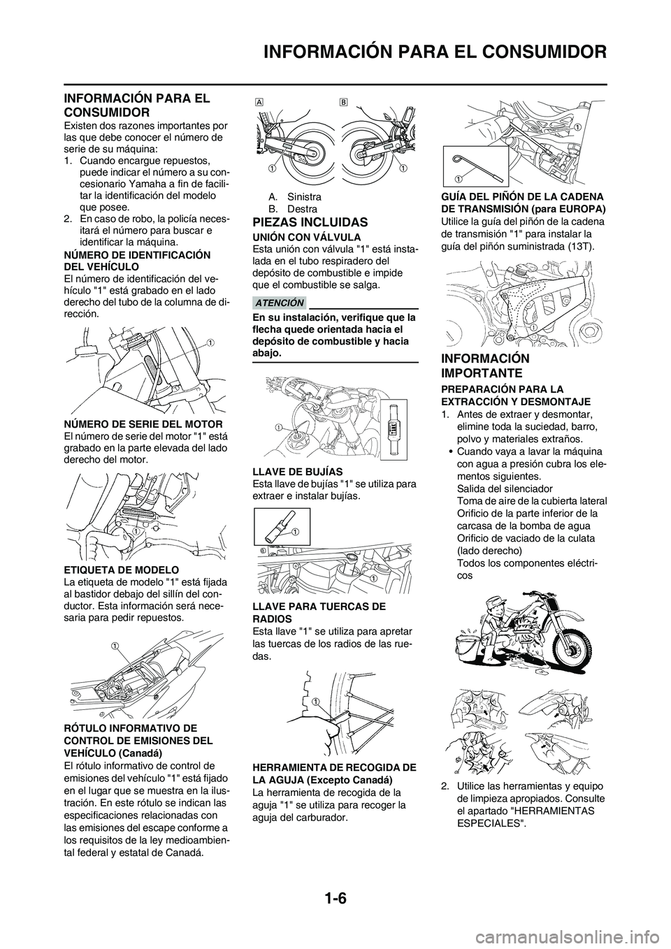 YAMAHA WR 450F 2011 Manuale de Empleo (in Spanish)
1-6
INFORMACIÓN PARA EL CONSUMIDOR
INFORMACIÓN PARA EL
CONSUMIDOR
Existen dos razones importantes por
las que debe conocer el número de
serie de su máquina:
1. Cuando encargue repuestos, puede YAMAHA WR 450F 2011 Manuale de Empleo (in Spanish)
1-6
INFORMACIÓN PARA EL CONSUMIDOR
INFORMACIÓN PARA EL
CONSUMIDOR
Existen dos razones importantes por
las que debe conocer el número de
serie de su máquina:
1. Cuando encargue repuestos, puede