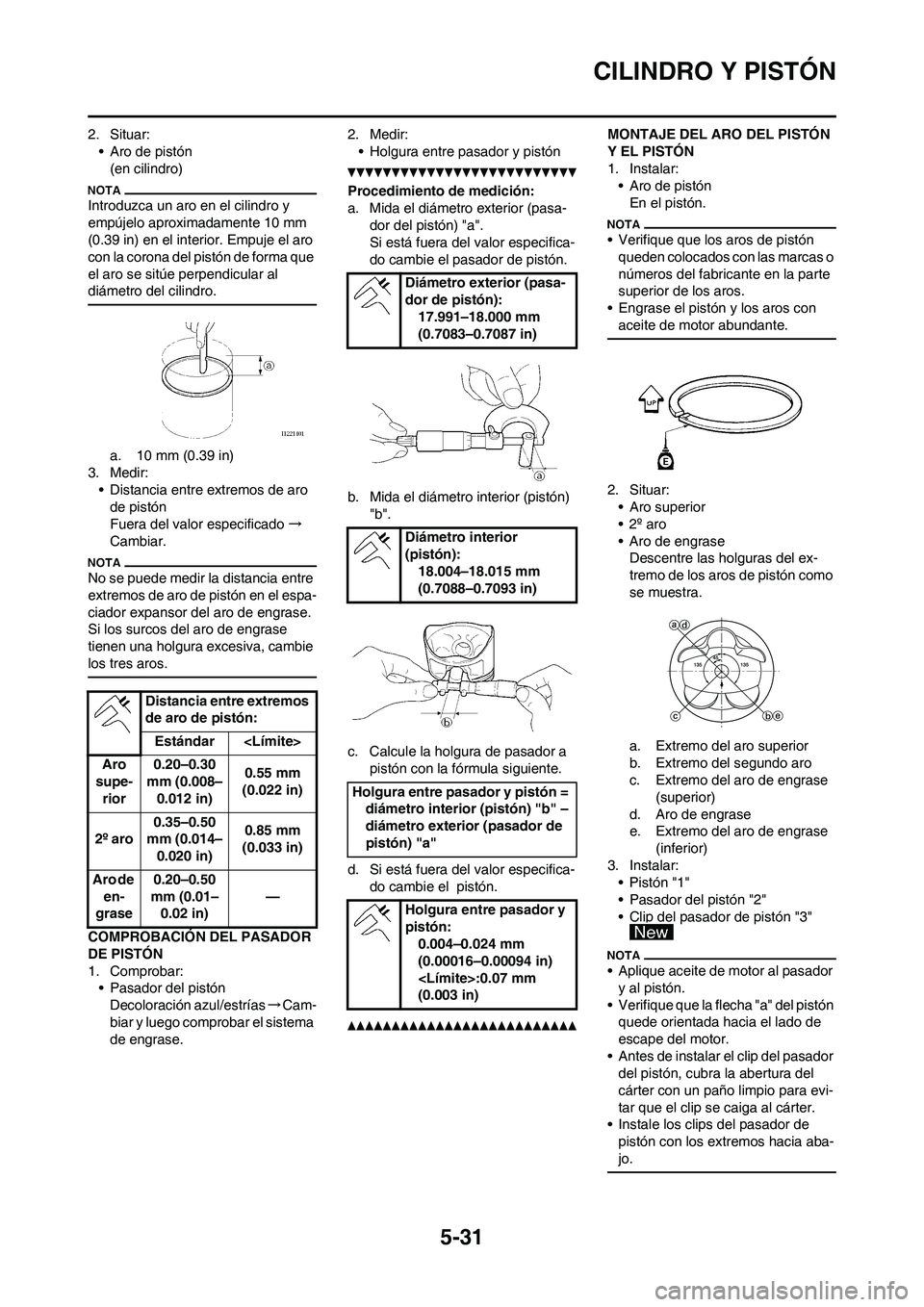 YAMAHA WR 450F 2011 Manuale de Empleo (in Spanish)
5-31
CILINDRO Y PISTÓN
2. Situar:• Aro de pistón(en cilindro)
Introduzca un aro en el cilindro y
empújelo aproximadamente 10 mm
(0.39 in) en el interior. Empuje el aro
con la corona del pist YAMAHA WR 450F 2011 Manuale de Empleo (in Spanish)
5-31
CILINDRO Y PISTÓN
2. Situar:• Aro de pistón(en cilindro)
Introduzca un aro en el cilindro y
empújelo aproximadamente 10 mm
(0.39 in) en el interior. Empuje el aro
con la corona del pist