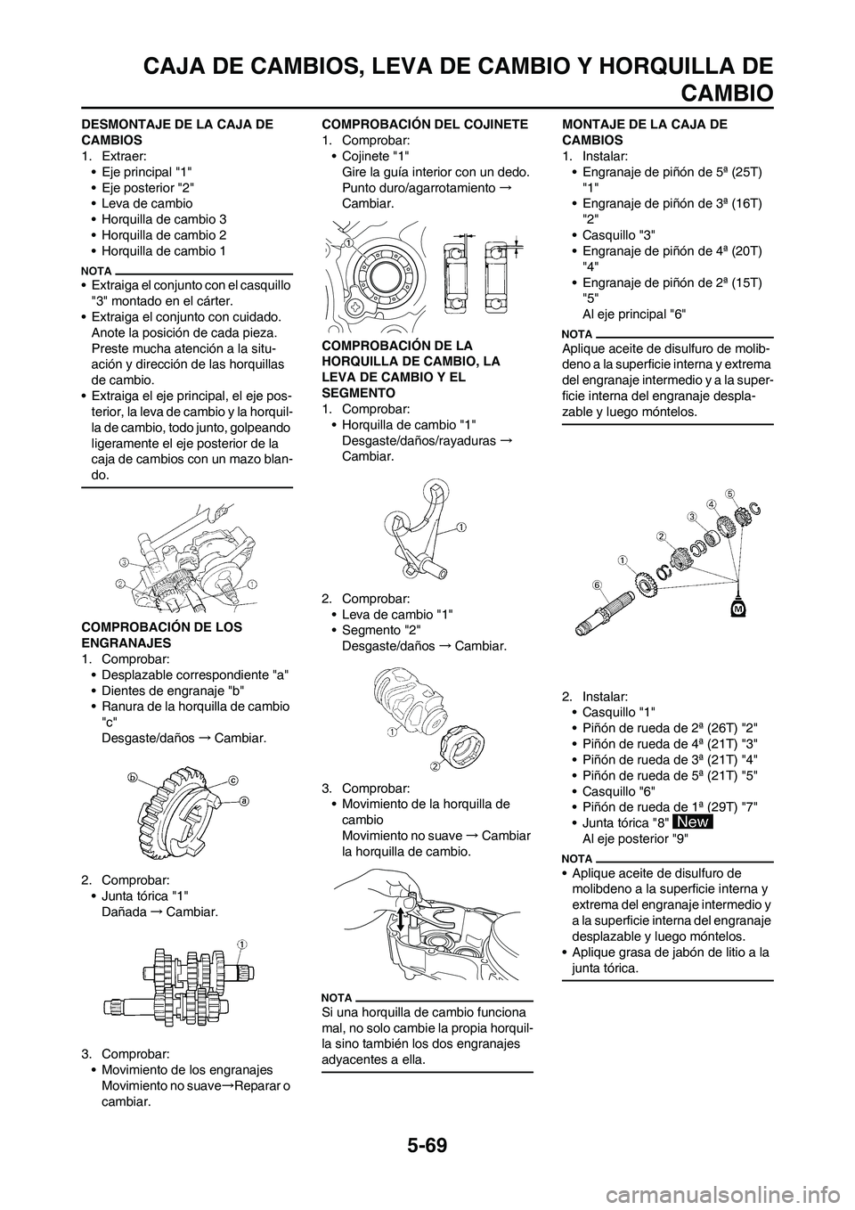 YAMAHA WR 450F 2011 Manuale de Empleo (in Spanish) 5-69
CAJA DE CAMBIOS, LEVA DE CAMBIO Y HORQUILLA DE
CAMBIO
DESMONTAJE DE LA CAJA DE
CAMBIOS
1. Extraer:
• Eje principal "1"
• Eje posterior "2"
• Leva de cambio
• Horquilla de cambio 3
• Ho YAMAHA WR 450F 2011 Manuale de Empleo (in Spanish) 5-69
CAJA DE CAMBIOS, LEVA DE CAMBIO Y HORQUILLA DE
CAMBIO
DESMONTAJE DE LA CAJA DE
CAMBIOS
1. Extraer:
• Eje principal "1"
• Eje posterior "2"
• Leva de cambio
• Horquilla de cambio 3
• Ho