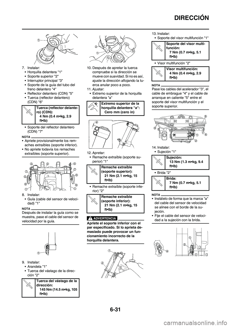 YAMAHA WR 450F 2011 Manuale de Empleo (in Spanish) 6-31
DIRECCIÓN
7. Instalar:
• Horquilla delantera "1"
• Soporte superior "2"
• Interruptor principal "3"
• Soporte de la guía del tubo del
freno delantero "4"
• Reflector delantero (CDN) YAMAHA WR 450F 2011 Manuale de Empleo (in Spanish) 6-31
DIRECCIÓN
7. Instalar:
• Horquilla delantera "1"
• Soporte superior "2"
• Interruptor principal "3"
• Soporte de la guía del tubo del
freno delantero "4"
• Reflector delantero (CDN)
