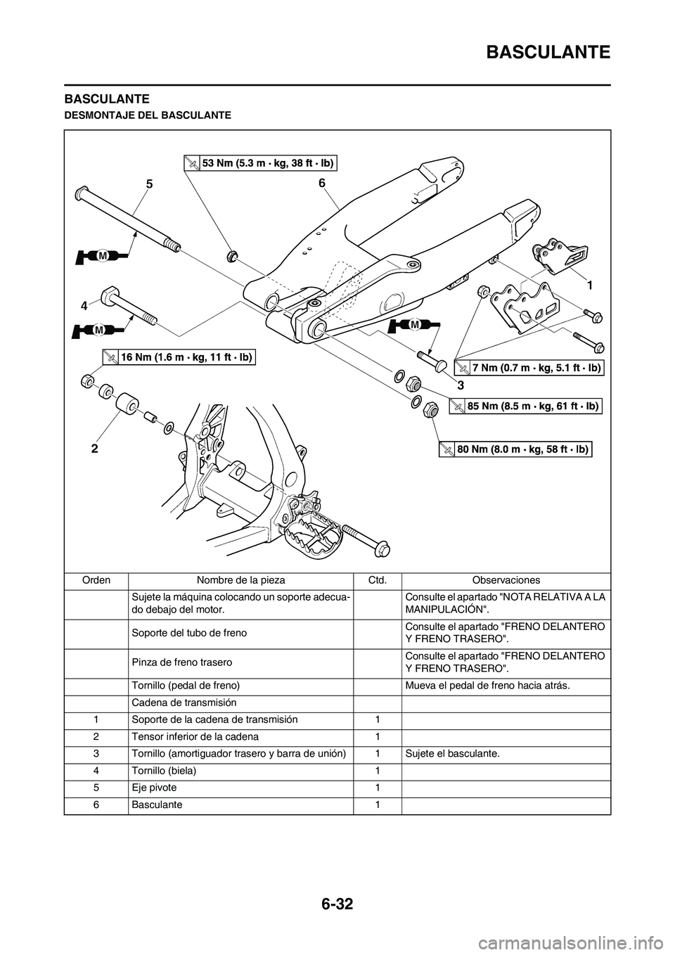 YAMAHA WR 450F 2011 Manuale de Empleo (in Spanish) 6-32
BASCULANTE
BASCULANTE
DESMONTAJE DEL BASCULANTE
Orden Nombre de la pieza Ctd. Observaciones
Sujete la máquina colocando un soporte adecua-
do debajo del motor.Consulte el apartado "NOTA RELATIVA YAMAHA WR 450F 2011 Manuale de Empleo (in Spanish) 6-32
BASCULANTE
BASCULANTE
DESMONTAJE DEL BASCULANTE
Orden Nombre de la pieza Ctd. Observaciones
Sujete la máquina colocando un soporte adecua-
do debajo del motor.Consulte el apartado "NOTA RELATIVA
