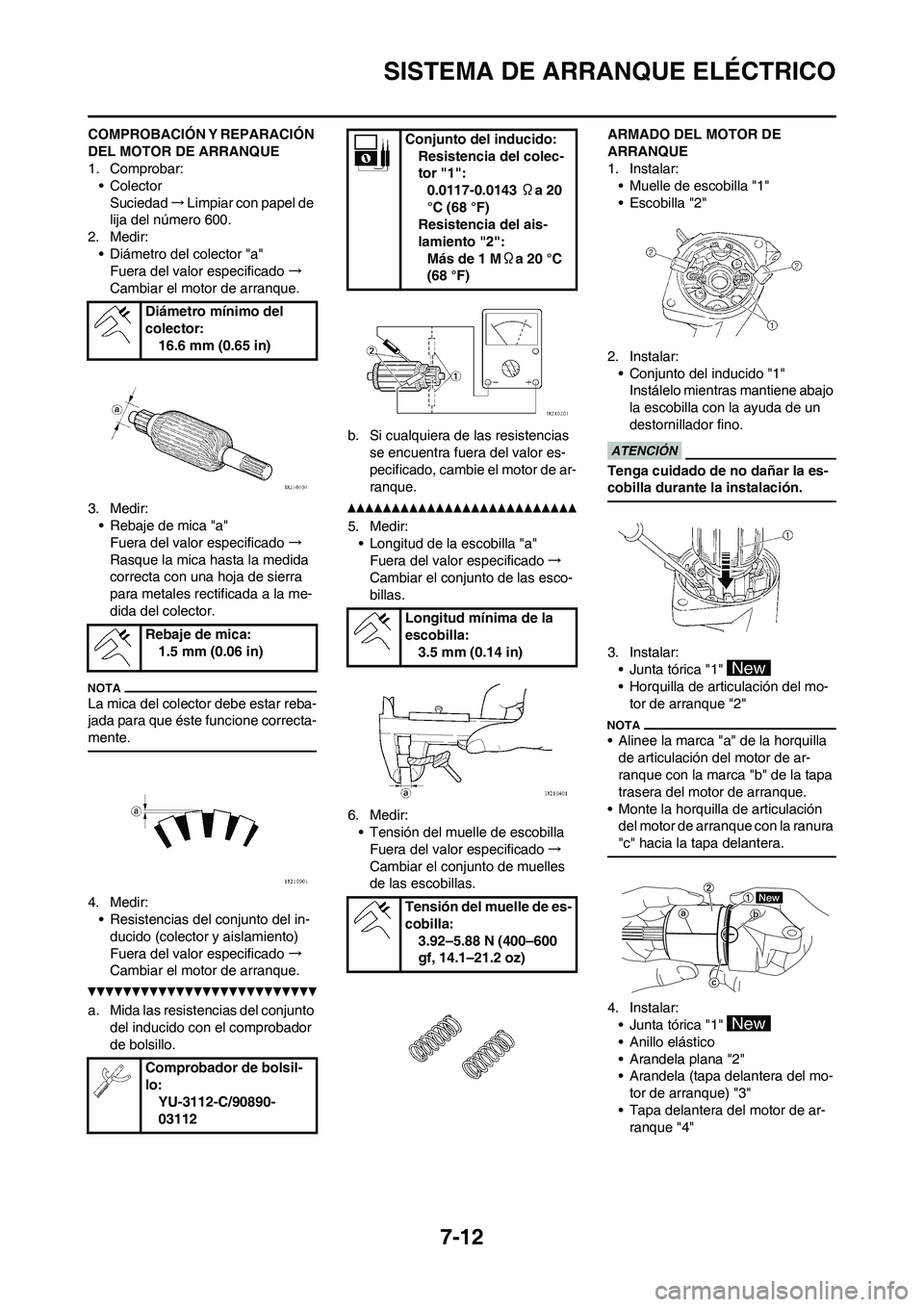 YAMAHA WR 450F 2011  Manuale de Empleo (in Spanish) 7-12
SISTEMA DE ARRANQUE ELÉCTRICO
COMPROBACIÓN Y REPARACIÓN 
DEL MOTOR DE ARRANQUE
1. Comprobar:
• Colector
Suciedad→Limpiar con papel de 
lija del número 600.
2. Medir:
• Diámetro del col