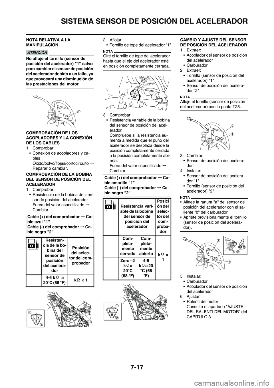 YAMAHA WR 450F 2011  Manuale de Empleo (in Spanish) 7-17
SISTEMA SENSOR DE POSICIÓN DEL ACELERADOR
NOTA RELATIVA A LA 
MANIPULACIÓN
No afloje el tornillo (sensor de 
posición del acelerador) "1" salvo 
para cambiar el sensor de posición 
del aceler
