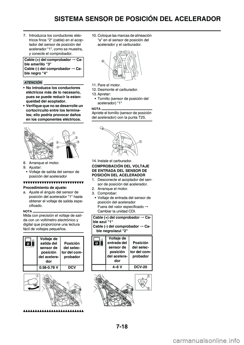 YAMAHA WR 450F 2011  Manuale de Empleo (in Spanish) 7-18
SISTEMA SENSOR DE POSICIÓN DEL ACELERADOR
7. Introduzca los conductores eléc-
tricos finos "2" (cable) en el acop-
lador del sensor de posición del 
acelerador "1", como se muestra, 
y conecte