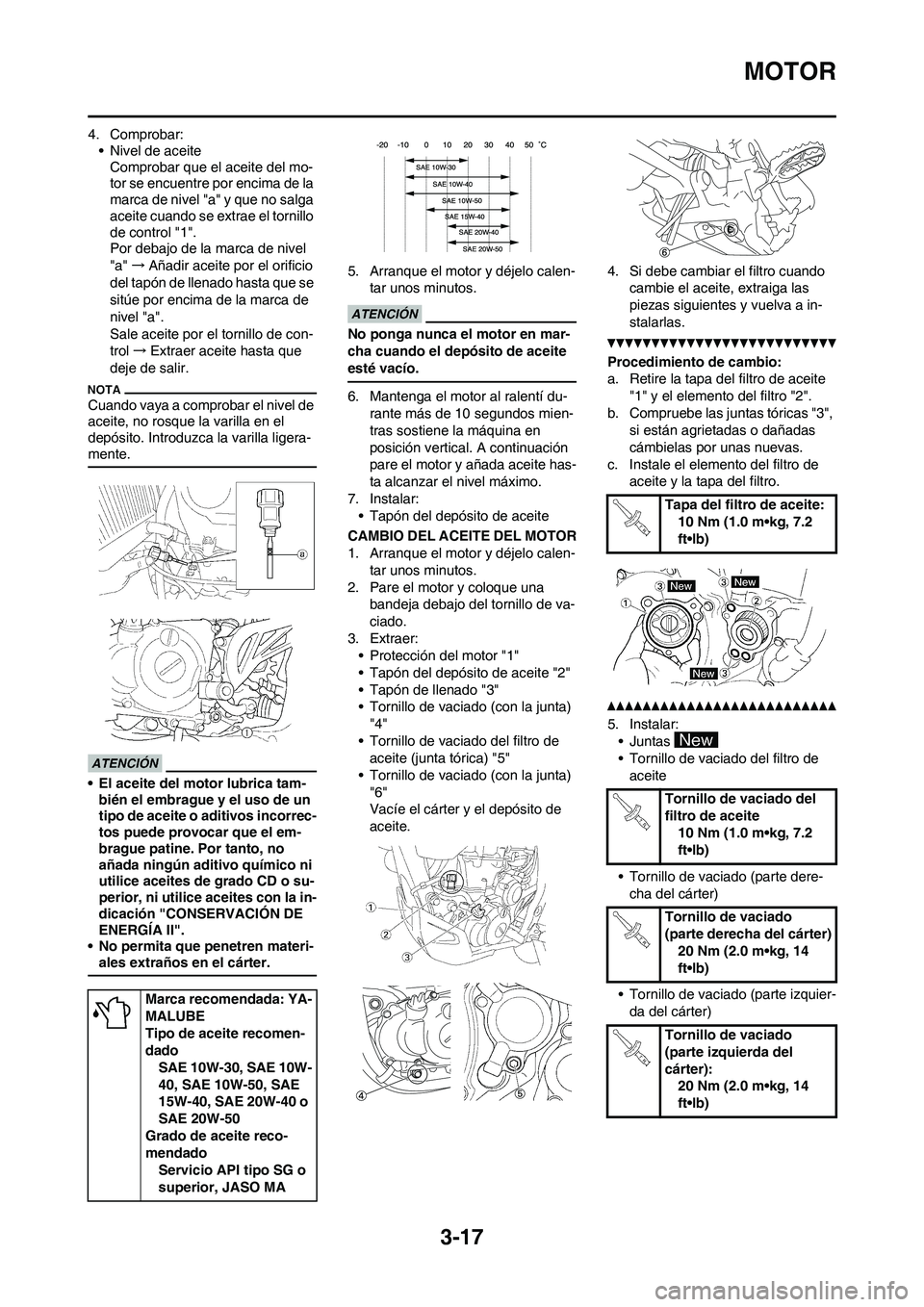 YAMAHA WR 450F 2011 Manuale de Empleo (in Spanish) 3-17
MOTOR
4. Comprobar:
• Nivel de aceite
Comprobar que el aceite del mo-
tor se encuentre por encima de la
marca de nivel "a" y que no salga
aceite cuando se extrae el tornillo
de control "1".
YAMAHA WR 450F 2011 Manuale de Empleo (in Spanish) 3-17
MOTOR
4. Comprobar:
• Nivel de aceite
Comprobar que el aceite del mo-
tor se encuentre por encima de la
marca de nivel "a" y que no salga
aceite cuando se extrae el tornillo
de control "1".