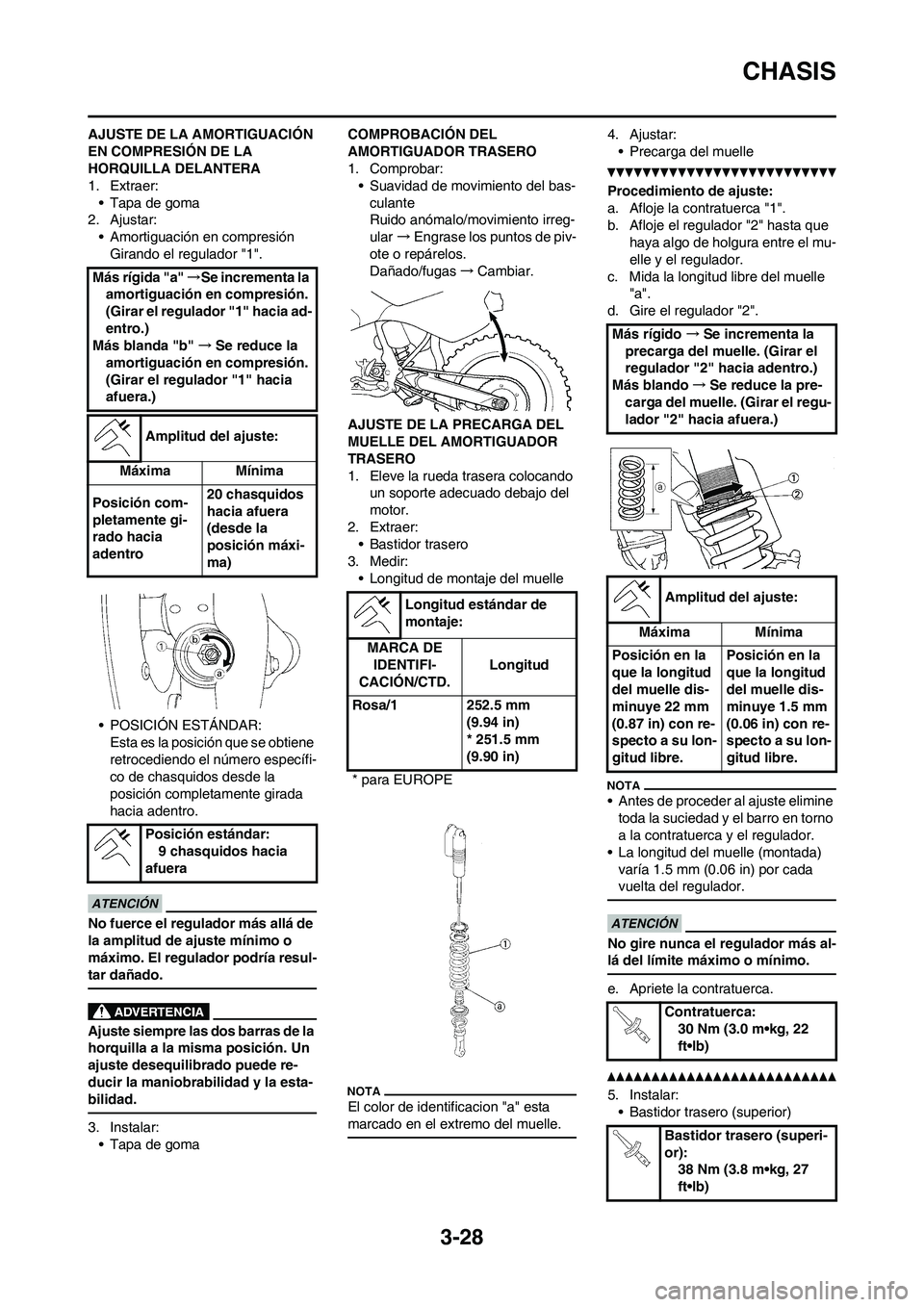 YAMAHA WR 450F 2011 Manuale de Empleo (in Spanish) 3-28
CHASIS
AJUSTE DE LA AMORTIGUACIÓN
EN COMPRESIÓN DE LA
HORQUILLA DELANTERA
1. Extraer:
• Tapa de goma
2. Ajustar:
• Amortiguación en compresión
Girando el regulador "1".
• POSICIÓN ES YAMAHA WR 450F 2011 Manuale de Empleo (in Spanish) 3-28
CHASIS
AJUSTE DE LA AMORTIGUACIÓN
EN COMPRESIÓN DE LA
HORQUILLA DELANTERA
1. Extraer:
• Tapa de goma
2. Ajustar:
• Amortiguación en compresión
Girando el regulador "1".
• POSICIÓN ES