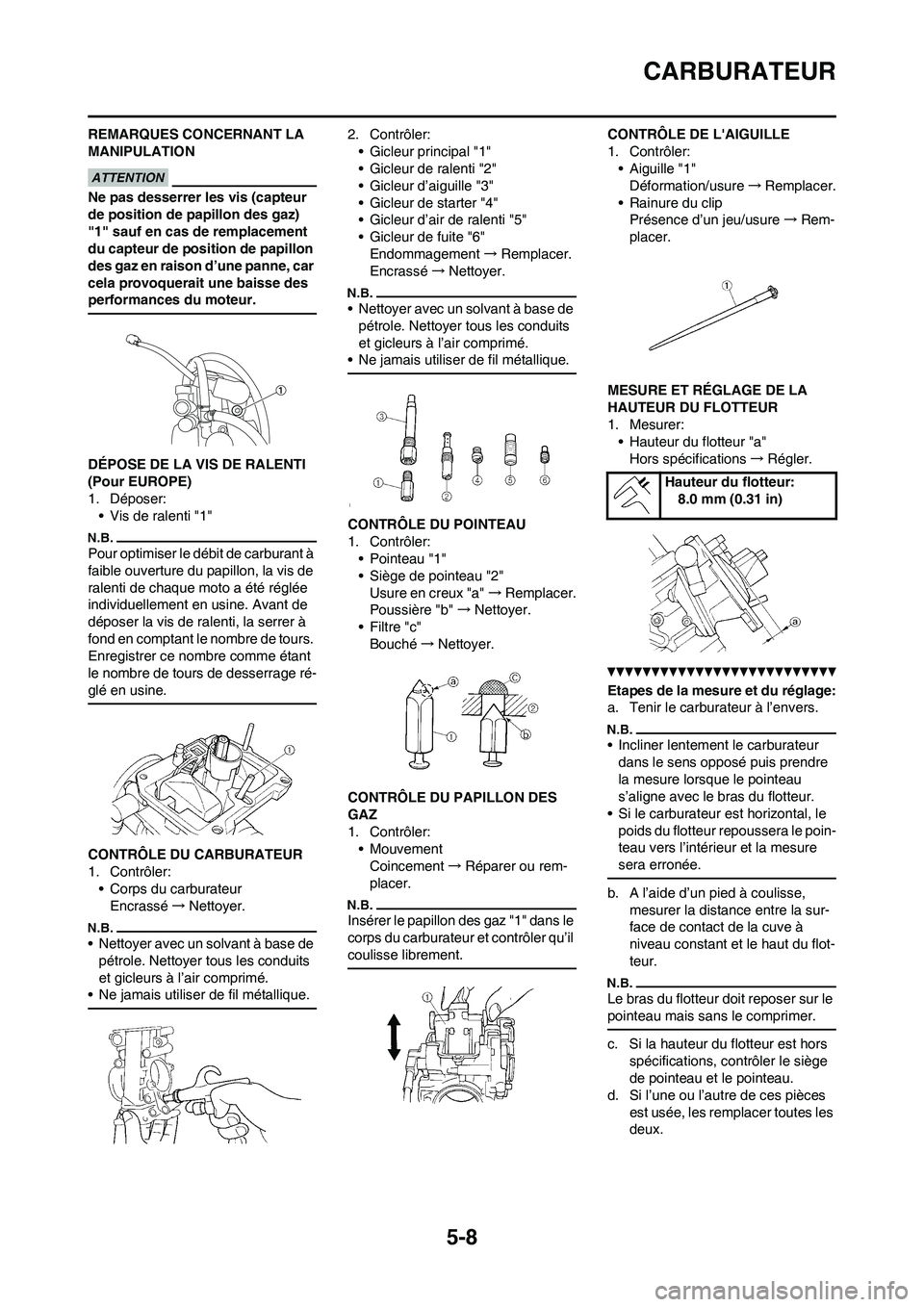 YAMAHA WR 450F 2011 Notices Demploi (in French) 5-8
CARBURATEUR
REMARQUES CONCERNANT LA
MANIPULATION
Ne pas desserrer les vis (capteur
de position de papillon des gaz)
"1" sauf en cas de remplacement
du capteur de position de papillon
des gaz YAMAHA WR 450F 2011 Notices Demploi (in French) 5-8
CARBURATEUR
REMARQUES CONCERNANT LA
MANIPULATION
Ne pas desserrer les vis (capteur
de position de papillon des gaz)
"1" sauf en cas de remplacement
du capteur de position de papillon
des gaz
