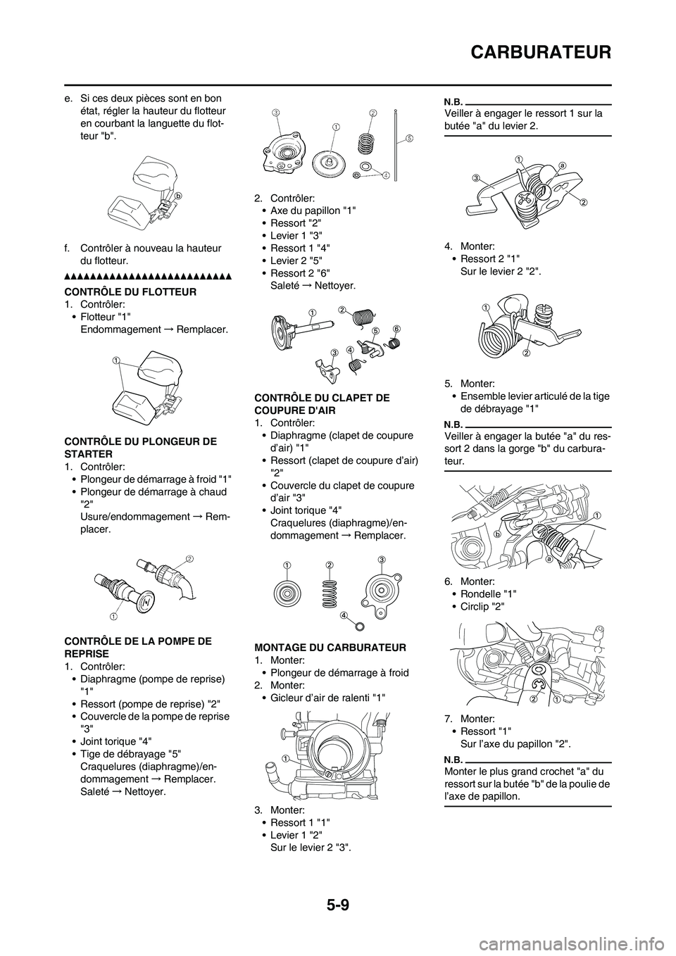 YAMAHA WR 450F 2011 Notices Demploi (in French) 5-9
CARBURATEUR
e. Si ces deux pièces sont en bon
état, régler la hauteur du flotteur
en courbant la languette du flot-
teur "b".
f. Contrôler à nouveau la hauteur
du flotteur.
CONTRÔLE DU FL YAMAHA WR 450F 2011 Notices Demploi (in French) 5-9
CARBURATEUR
e. Si ces deux pièces sont en bon
état, régler la hauteur du flotteur
en courbant la languette du flot-
teur "b".
f. Contrôler à nouveau la hauteur
du flotteur.
CONTRÔLE DU FL