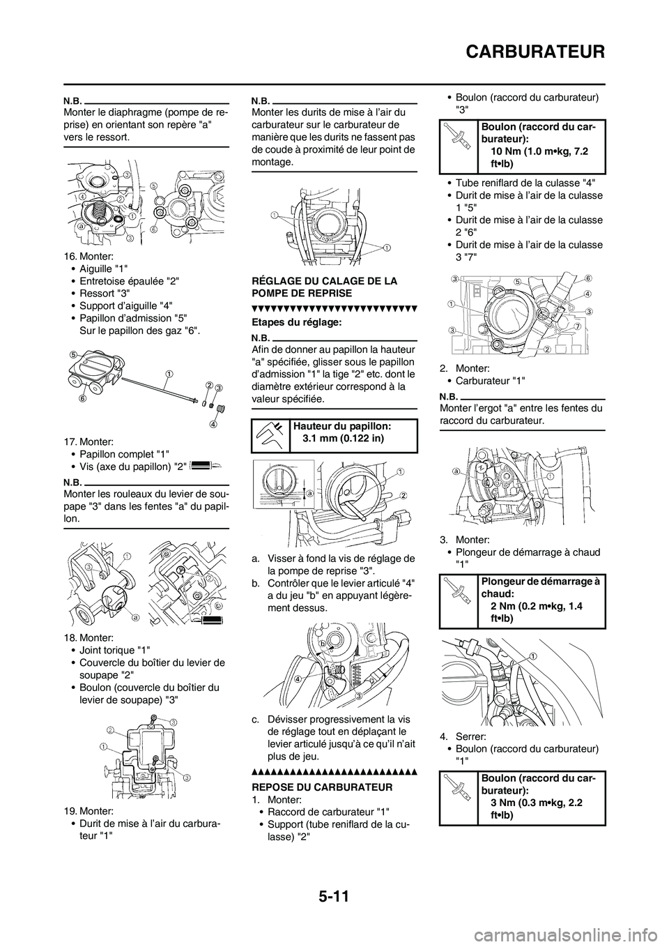 YAMAHA WR 450F 2011 Notices Demploi (in French) 5-11
CARBURATEUR
Monter le diaphragme (pompe de re-
prise) en orientant son repère "a"
vers le ressort.
16. Monter:
• Aiguille "1"
• Entretoise épaulée "2"
• Ressort "3"
• Support d’aigu YAMAHA WR 450F 2011 Notices Demploi (in French) 5-11
CARBURATEUR
Monter le diaphragme (pompe de re-
prise) en orientant son repère "a"
vers le ressort.
16. Monter:
• Aiguille "1"
• Entretoise épaulée "2"
• Ressort "3"
• Support d’aigu