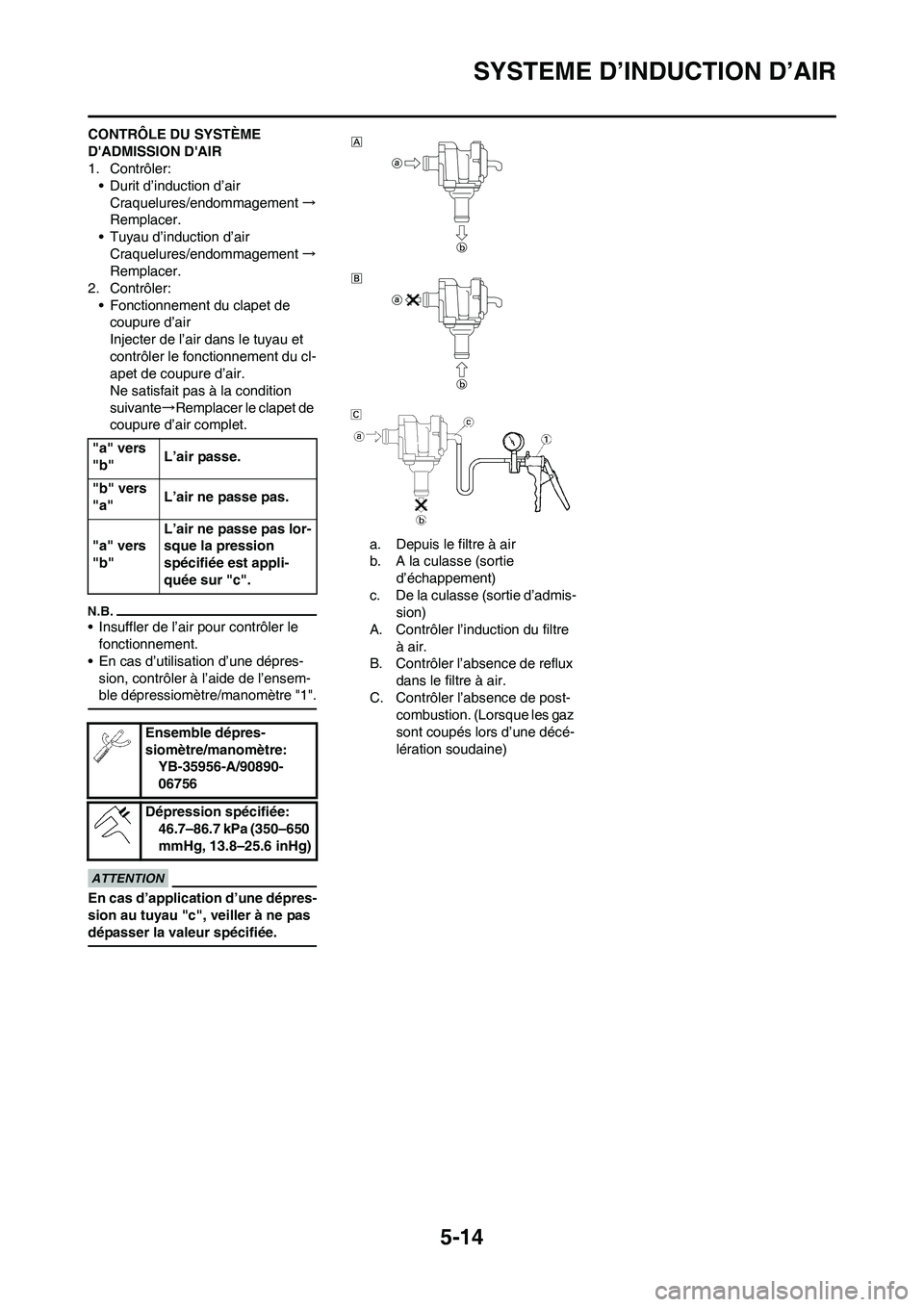 YAMAHA WR 450F 2011 Notices Demploi (in French) 5-14
SYSTEME D’INDUCTION D’AIR
CONTRÔLE DU SYSTÈME
DADMISSION DAIR
1. Contrôler:
• Durit d’induction d’air
Craquelures/endommagement→
Remplacer.
• Tuyau d’induction d’air
Craqu YAMAHA WR 450F 2011 Notices Demploi (in French) 5-14
SYSTEME D’INDUCTION D’AIR
CONTRÔLE DU SYSTÈME
DADMISSION DAIR
1. Contrôler:
• Durit d’induction d’air
Craquelures/endommagement→
Remplacer.
• Tuyau d’induction d’air
Craqu