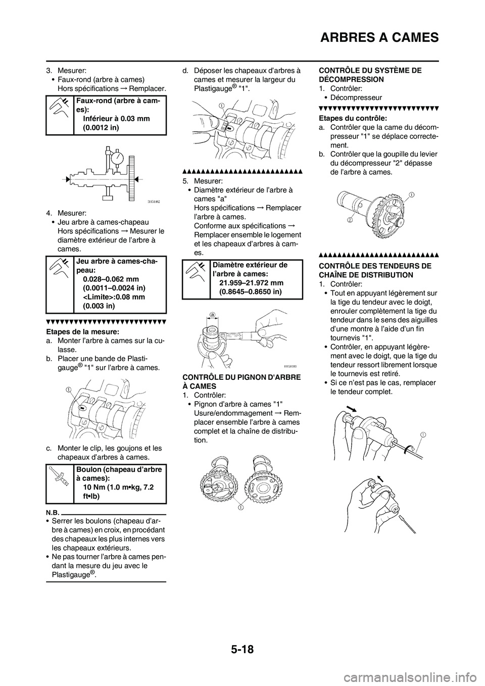 YAMAHA WR 450F 2011 Notices Demploi (in French) 5-18
ARBRES A CAMES
3. Mesurer:
• Faux-rond (arbre à cames)
Hors spécifications→Remplacer.
4. Mesurer:
• Jeu arbre à cames-chapeau
Hors spécifications→Mesurer le
diamètre extérieur de l YAMAHA WR 450F 2011 Notices Demploi (in French) 5-18
ARBRES A CAMES
3. Mesurer:
• Faux-rond (arbre à cames)
Hors spécifications→Remplacer.
4. Mesurer:
• Jeu arbre à cames-chapeau
Hors spécifications→Mesurer le
diamètre extérieur de l