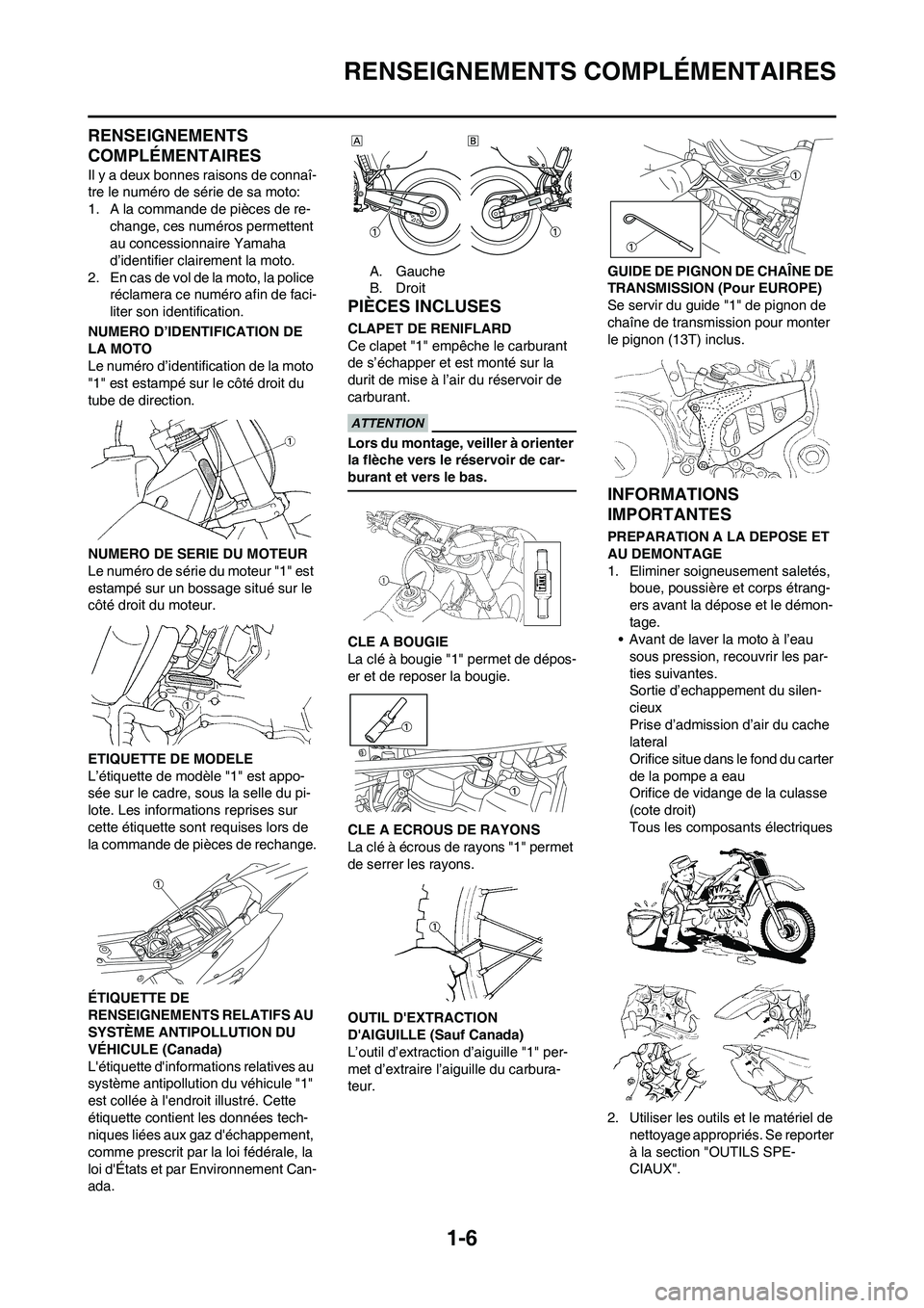 YAMAHA WR 450F 2011 Notices Demploi (in French)
1-6
RENSEIGNEMENTS COMPLÉMENTAIRES
RENSEIGNEMENTS
COMPLÉMENTAIRES
Il y a deux bonnes raisons de connaî-
tre le numéro de série de sa moto:
1. A la commande de pièces de re-change, ces numéros YAMAHA WR 450F 2011 Notices Demploi (in French)
1-6
RENSEIGNEMENTS COMPLÉMENTAIRES
RENSEIGNEMENTS
COMPLÉMENTAIRES
Il y a deux bonnes raisons de connaî-
tre le numéro de série de sa moto:
1. A la commande de pièces de re-change, ces numéros