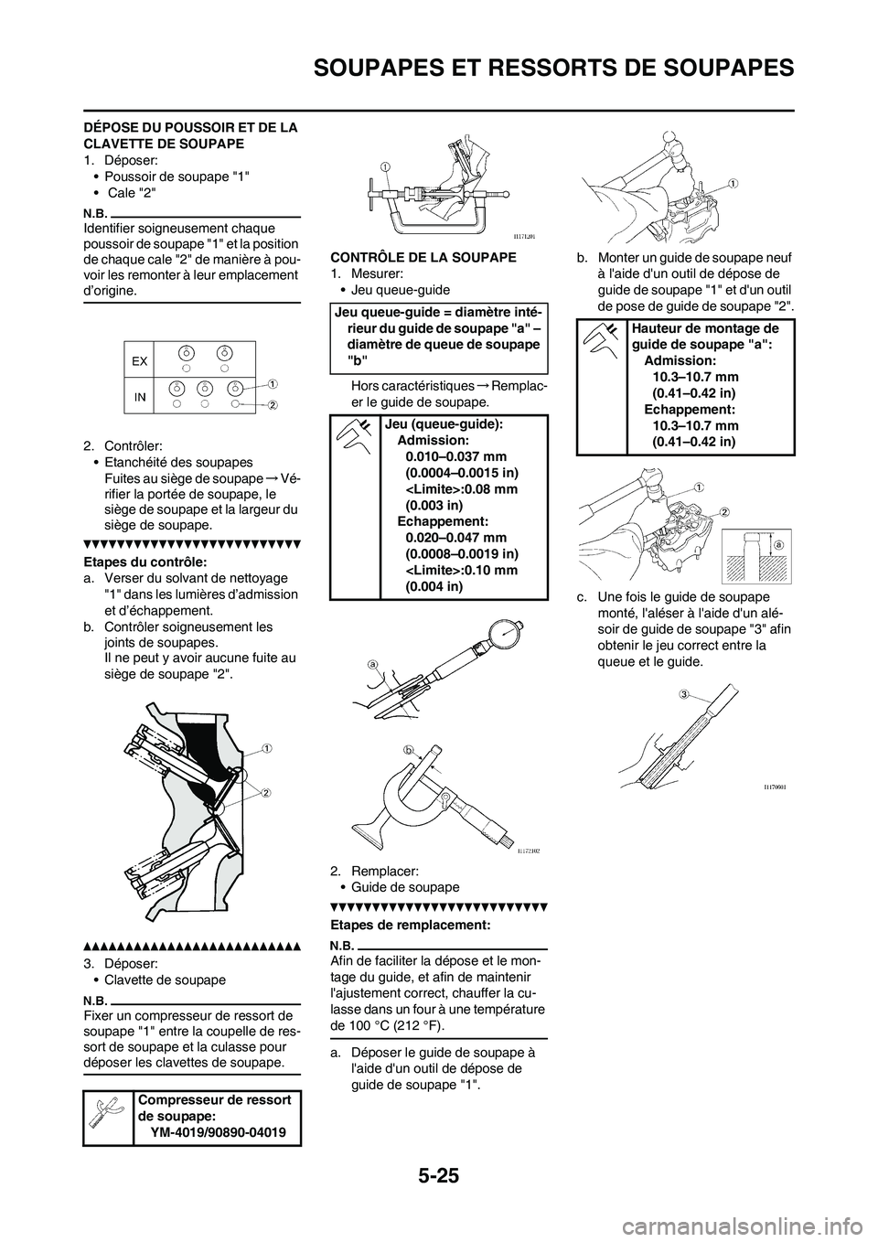 YAMAHA WR 450F 2011 Notices Demploi (in French)
5-25
SOUPAPES ET RESSORTS DE SOUPAPES
DÉPOSE DU POUSSOIR ET DE LA
CLAVETTE DE SOUPAPE
1. Déposer:• Poussoir de soupape "1"
• Cale "2"
Identifier soigneusement chaque
poussoir de soupape "1" YAMAHA WR 450F 2011 Notices Demploi (in French)
5-25
SOUPAPES ET RESSORTS DE SOUPAPES
DÉPOSE DU POUSSOIR ET DE LA
CLAVETTE DE SOUPAPE
1. Déposer:• Poussoir de soupape "1"
• Cale "2"
Identifier soigneusement chaque
poussoir de soupape "1"
