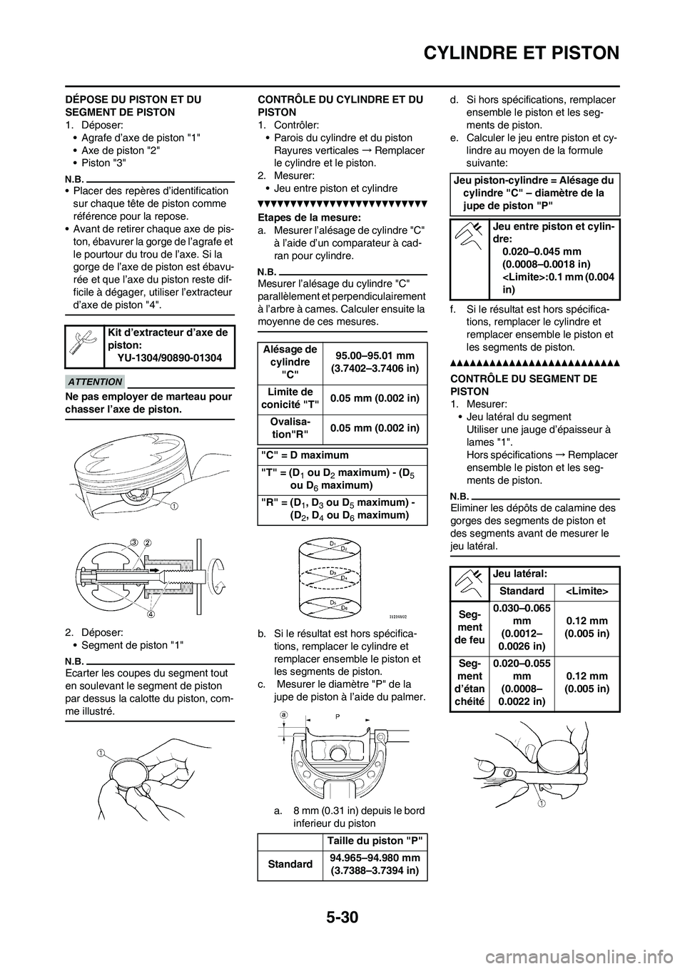 YAMAHA WR 450F 2011 Notices Demploi (in French) 5-30
CYLINDRE ET PISTON
DÉPOSE DU PISTON ET DU
SEGMENT DE PISTON
1. Déposer:
• Agrafe d’axe de piston "1"
• Axe de piston "2"
• Piston "3"
• Placer des repères d’identification
sur ch YAMAHA WR 450F 2011 Notices Demploi (in French) 5-30
CYLINDRE ET PISTON
DÉPOSE DU PISTON ET DU
SEGMENT DE PISTON
1. Déposer:
• Agrafe d’axe de piston "1"
• Axe de piston "2"
• Piston "3"
• Placer des repères d’identification
sur ch