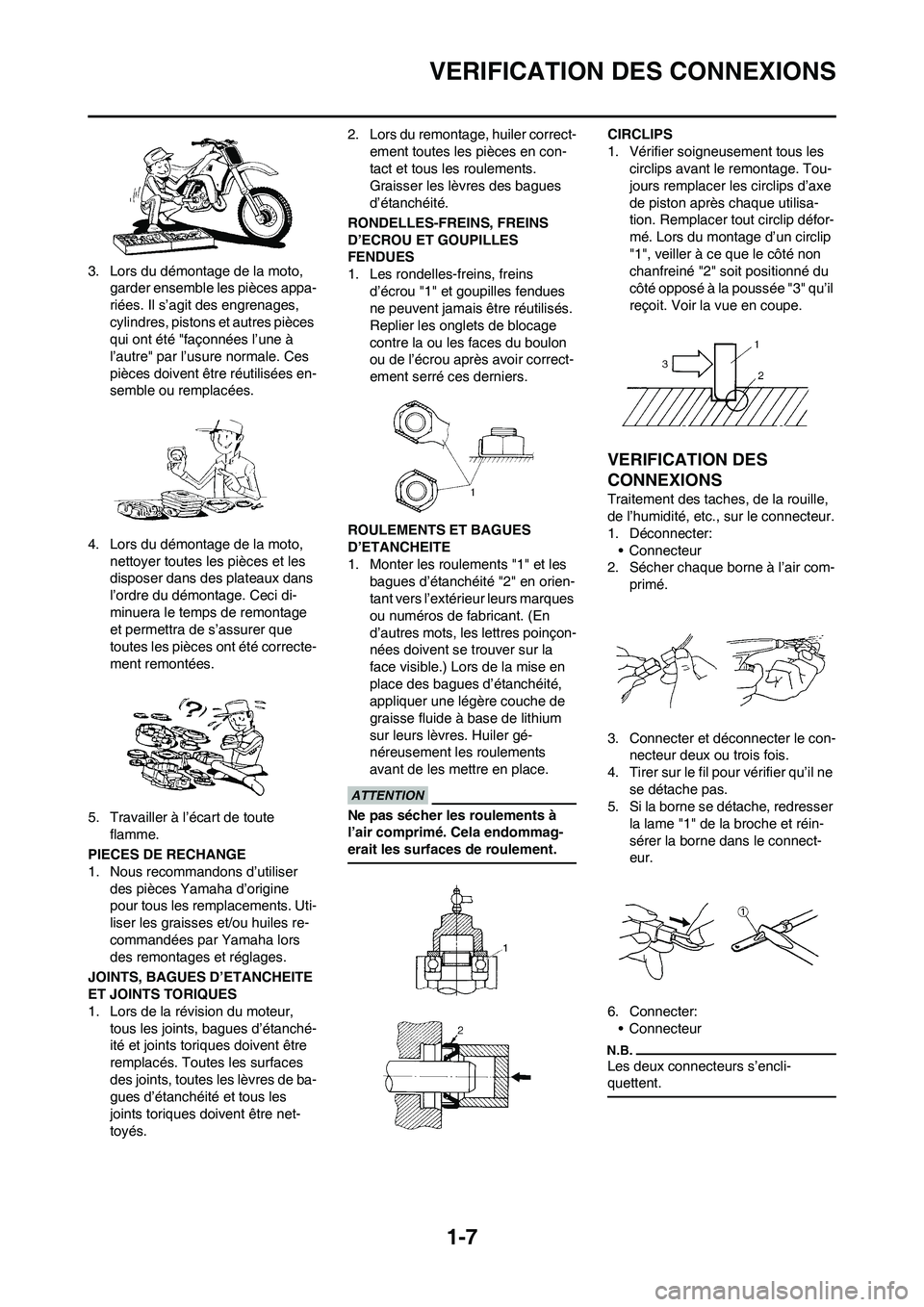 YAMAHA WR 450F 2011 Notices Demploi (in French)
1-7
VERIFICATION DES CONNEXIONS
3. Lors du démontage de la moto, garder ensemble les pièces appa-
riées. Il s’agit des engrenages,
cylindres, pistons et autres pièces
qui ont été "façonné YAMAHA WR 450F 2011 Notices Demploi (in French)
1-7
VERIFICATION DES CONNEXIONS
3. Lors du démontage de la moto, garder ensemble les pièces appa-
riées. Il s’agit des engrenages,
cylindres, pistons et autres pièces
qui ont été "façonné