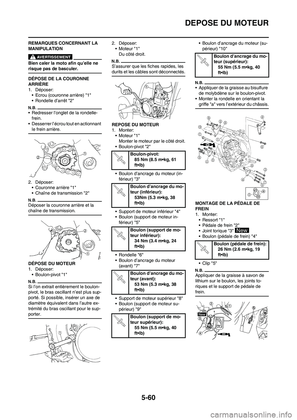 YAMAHA WR 450F 2011 Notices Demploi (in French) 5-60
DEPOSE DU MOTEUR
REMARQUES CONCERNANT LA
MANIPULATION
Bien caler la moto afin qu’elle ne
risque pas de basculer.
DÉPOSE DE LA COURONNE
ARRIÈRE
1. Déposer:
• Ecrou (couronne arrière) "1 YAMAHA WR 450F 2011 Notices Demploi (in French) 5-60
DEPOSE DU MOTEUR
REMARQUES CONCERNANT LA
MANIPULATION
Bien caler la moto afin qu’elle ne
risque pas de basculer.
DÉPOSE DE LA COURONNE
ARRIÈRE
1. Déposer:
• Ecrou (couronne arrière) "1