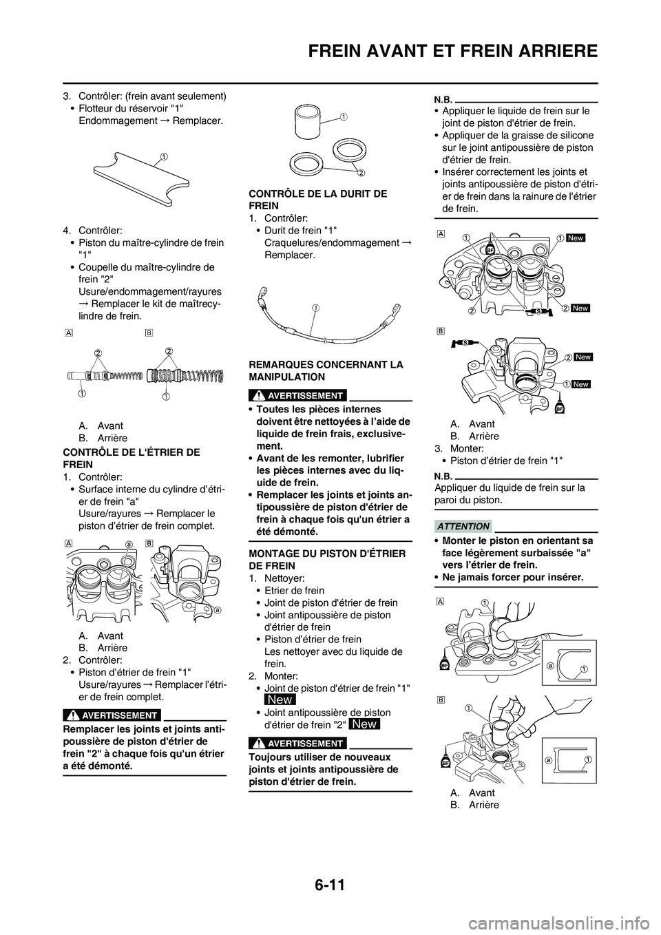 YAMAHA WR 450F 2011 Notices Demploi (in French) 6-11
FREIN AVANT ET FREIN ARRIERE
3. Contrôler: (frein avant seulement)
• Flotteur du réservoir "1"
Endommagement→Remplacer.
4. Contrôler:
• Piston du maître-cylindre de frein
"1"
• Coupe YAMAHA WR 450F 2011 Notices Demploi (in French) 6-11
FREIN AVANT ET FREIN ARRIERE
3. Contrôler: (frein avant seulement)
• Flotteur du réservoir "1"
Endommagement→Remplacer.
4. Contrôler:
• Piston du maître-cylindre de frein
"1"
• Coupe