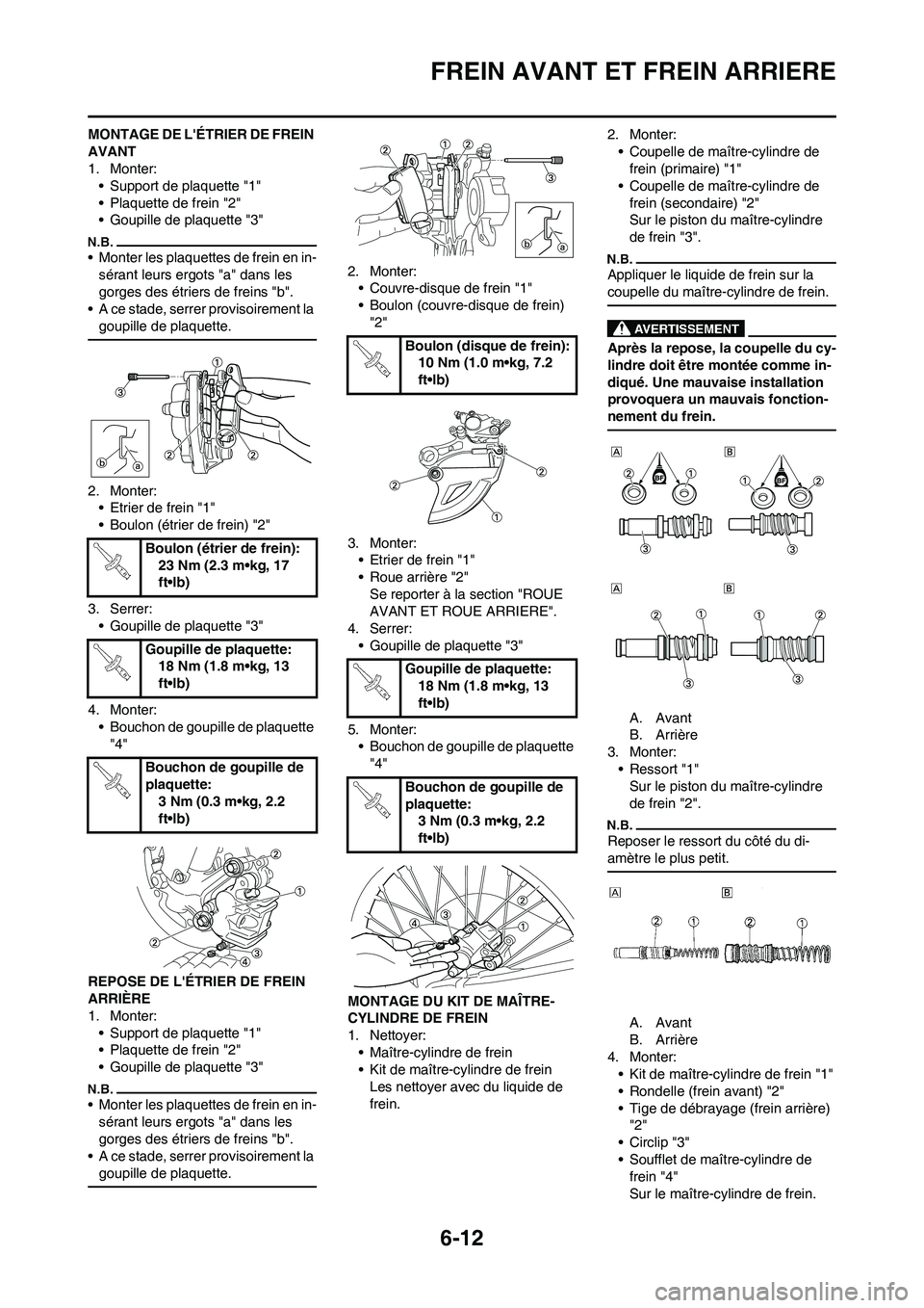 YAMAHA WR 450F 2011 Notices Demploi (in French) 6-12
FREIN AVANT ET FREIN ARRIERE
MONTAGE DE LÉTRIER DE FREIN
AVANT
1. Monter:
• Support de plaquette "1"
• Plaquette de frein "2"
• Goupille de plaquette "3"
• Monter les plaquettes de fre YAMAHA WR 450F 2011 Notices Demploi (in French) 6-12
FREIN AVANT ET FREIN ARRIERE
MONTAGE DE LÉTRIER DE FREIN
AVANT
1. Monter:
• Support de plaquette "1"
• Plaquette de frein "2"
• Goupille de plaquette "3"
• Monter les plaquettes de fre