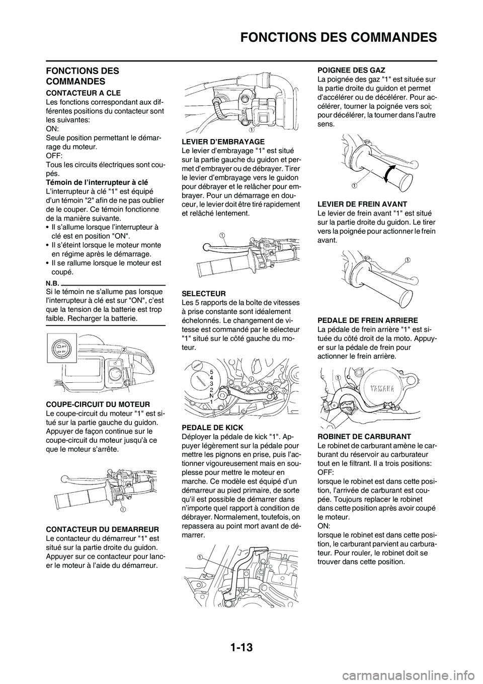 YAMAHA WR 450F 2011 Notices Demploi (in French)
1-13
FONCTIONS DES COMMANDES
FONCTIONS DES
COMMANDES
CONTACTEUR A CLE
Les fonctions correspondant aux dif-
férentes positions du contacteur sont
les suivantes:
ON:
Seule position permettant le dé YAMAHA WR 450F 2011 Notices Demploi (in French)
1-13
FONCTIONS DES COMMANDES
FONCTIONS DES
COMMANDES
CONTACTEUR A CLE
Les fonctions correspondant aux dif-
férentes positions du contacteur sont
les suivantes:
ON:
Seule position permettant le dé