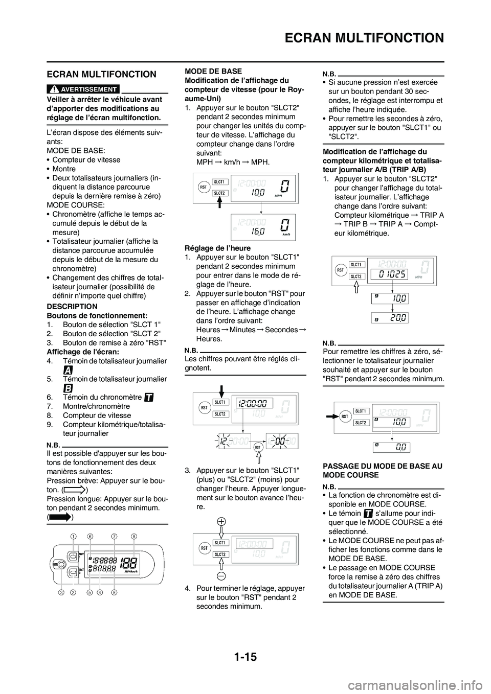 YAMAHA WR 450F 2011 Notices Demploi (in French)
1-15
ECRAN MULTIFONCTION
ECRAN MULTIFONCTION
Veiller à arrêter le véhicule avant
d’apporter des modifications au
réglage de l’écran multifonction.
L’écran dispose des éléments suiv-
a YAMAHA WR 450F 2011 Notices Demploi (in French)
1-15
ECRAN MULTIFONCTION
ECRAN MULTIFONCTION
Veiller à arrêter le véhicule avant
d’apporter des modifications au
réglage de l’écran multifonction.
L’écran dispose des éléments suiv-
a