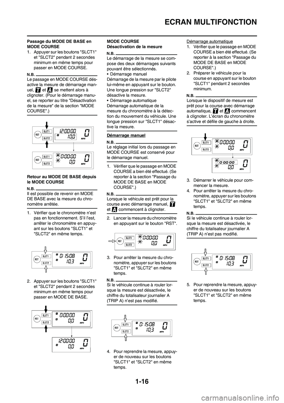 YAMAHA WR 450F 2011 Notices Demploi (in French)
1-16
ECRAN MULTIFONCTION
Passage du MODE DE BASE en
MODE COURSE
1. Appuyer sur les boutons "SLCT1" et "SLCT2" pendant 2 secondes
minimum en même temps pour
passer en MODE COURSE.
Le passage en MO YAMAHA WR 450F 2011 Notices Demploi (in French)
1-16
ECRAN MULTIFONCTION
Passage du MODE DE BASE en
MODE COURSE
1. Appuyer sur les boutons "SLCT1" et "SLCT2" pendant 2 secondes
minimum en même temps pour
passer en MODE COURSE.
Le passage en MO