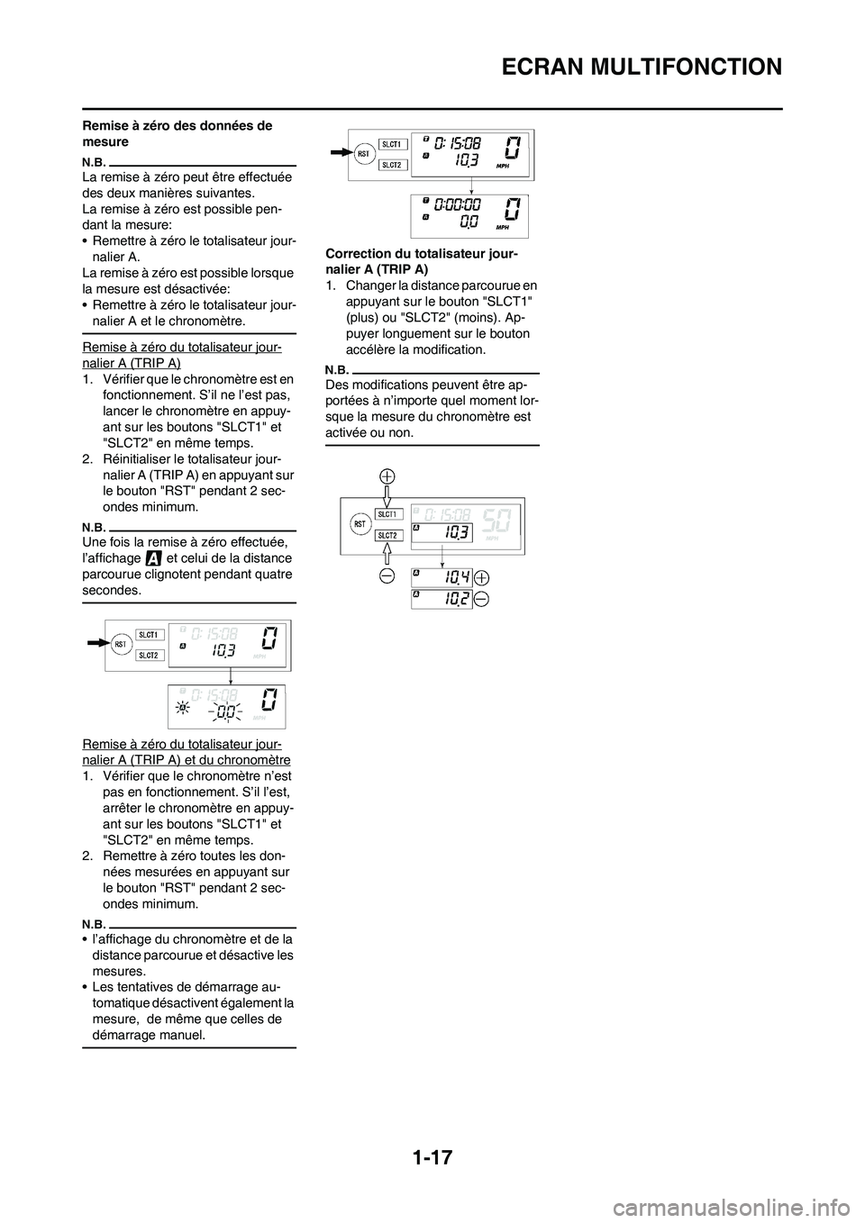 YAMAHA WR 450F 2011 Notices Demploi (in French)
1-17
ECRAN MULTIFONCTION
Remise à zéro des données de
mesure
La remise à zéro peut être effectuée
des deux manières suivantes.
La remise à zéro est possible pen-
dant la mesure:
• Reme YAMAHA WR 450F 2011 Notices Demploi (in French)
1-17
ECRAN MULTIFONCTION
Remise à zéro des données de
mesure
La remise à zéro peut être effectuée
des deux manières suivantes.
La remise à zéro est possible pen-
dant la mesure:
• Reme