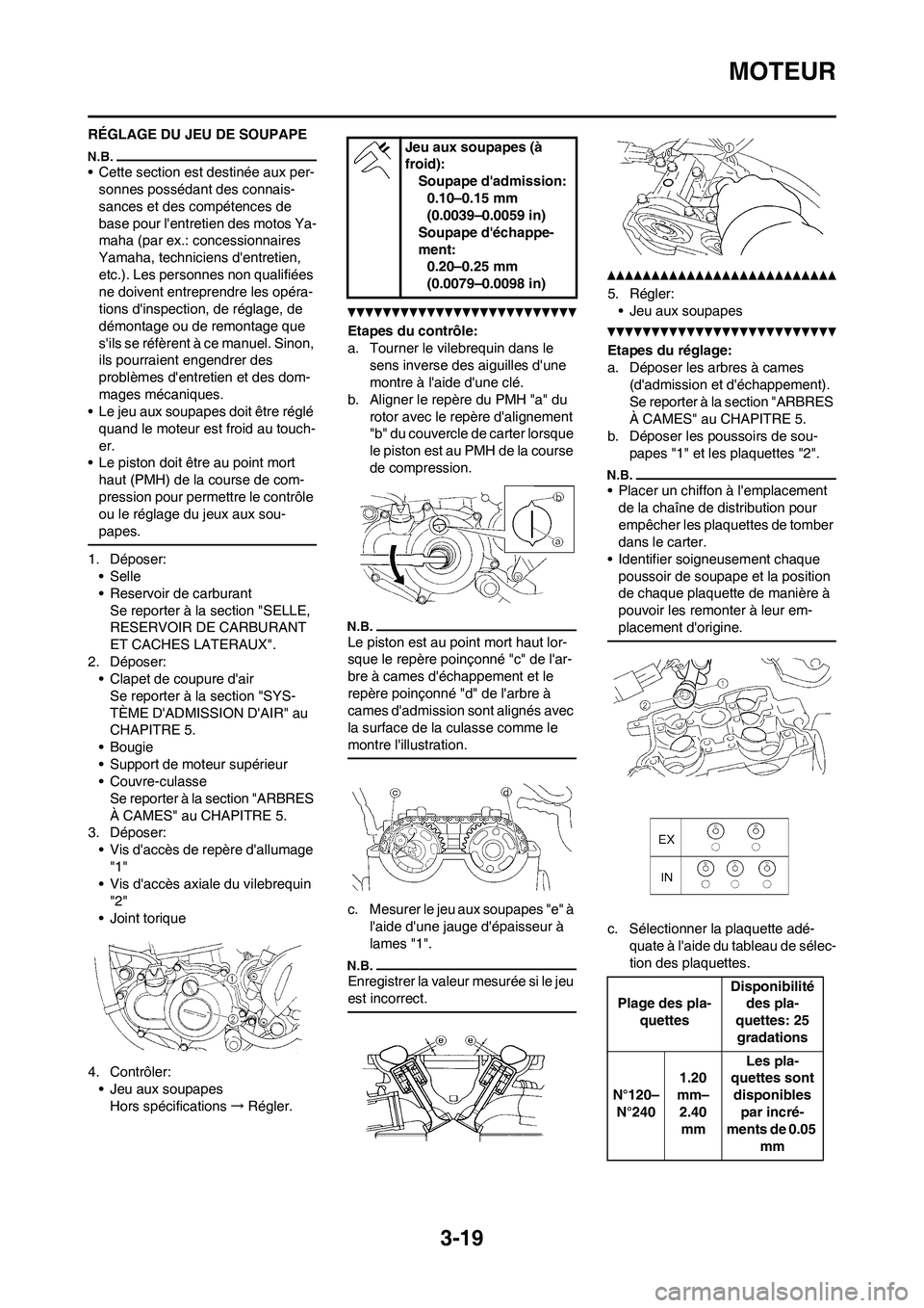 YAMAHA WR 450F 2011 Notices Demploi (in French) 3-19
MOTEUR
RÉGLAGE DU JEU DE SOUPAPE
• Cette section est destinée aux per-
sonnes possédant des connais-
sances et des compétences de
base pour lentretien des motos Ya-
maha (par ex.: concess YAMAHA WR 450F 2011 Notices Demploi (in French) 3-19
MOTEUR
RÉGLAGE DU JEU DE SOUPAPE
• Cette section est destinée aux per-
sonnes possédant des connais-
sances et des compétences de
base pour lentretien des motos Ya-
maha (par ex.: concess
