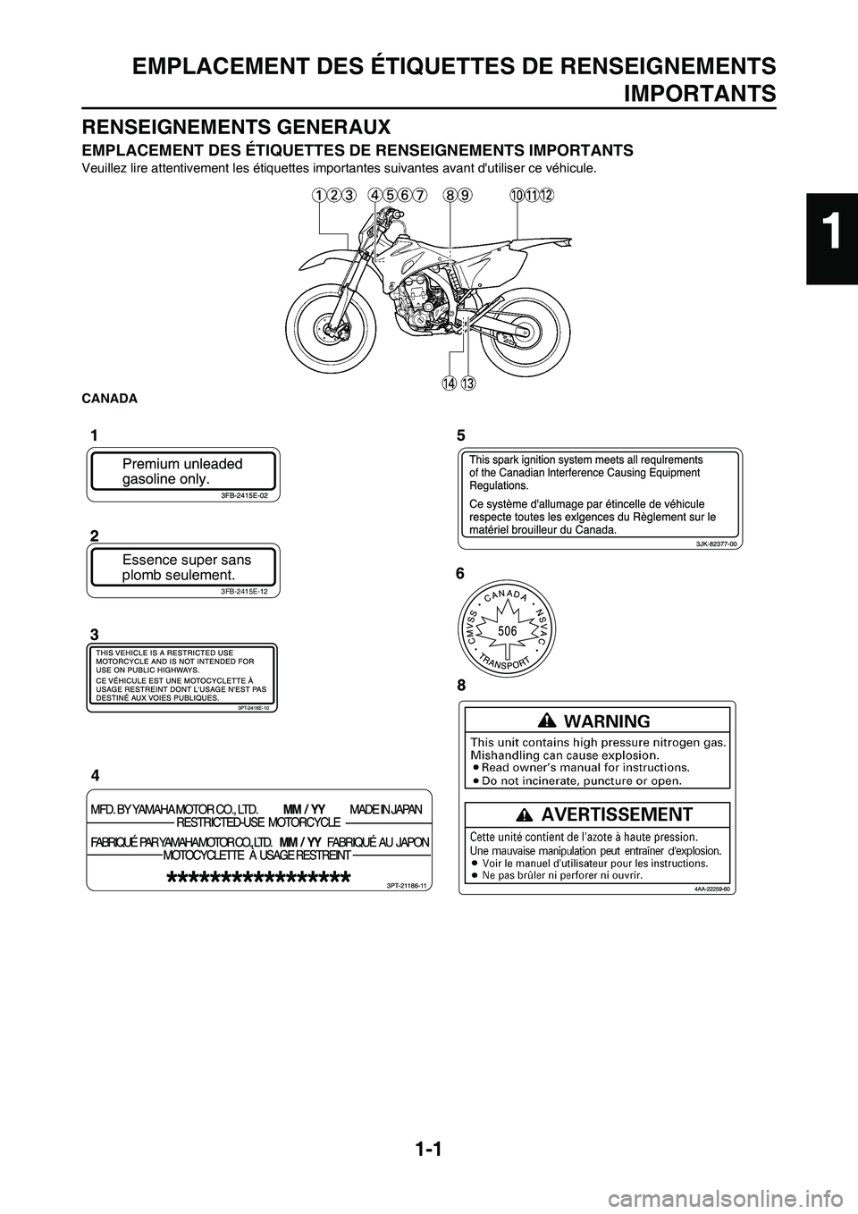 YAMAHA WR 450F 2011  Notices Demploi (in French) 1-1
EMPLACEMENT DES ÉTIQUETTES DE RENSEIGNEMENTS
IMPORTANTS
RENSEIGNEMENTS GENERAUX
EMPLACEMENT DES ÉTIQUETTES DE RENSEIGNEMENTS IMPORTANTS
Veuillez lire attentivement les étiquettes importantes su