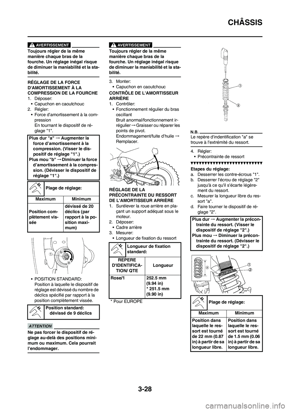 YAMAHA WR 450F 2011 Notices Demploi (in French) 3-28
CHÂSSIS
Toujours régler de la même
manière chaque bras de la
fourche. Un réglage inégal risque
de diminuer la maniabilité et la sta-
bilité.
RÉGLAGE DE LA FORCE
DAMORTISSEMENT À LA YAMAHA WR 450F 2011 Notices Demploi (in French) 3-28
CHÂSSIS
Toujours régler de la même
manière chaque bras de la
fourche. Un réglage inégal risque
de diminuer la maniabilité et la sta-
bilité.
RÉGLAGE DE LA FORCE
DAMORTISSEMENT À LA