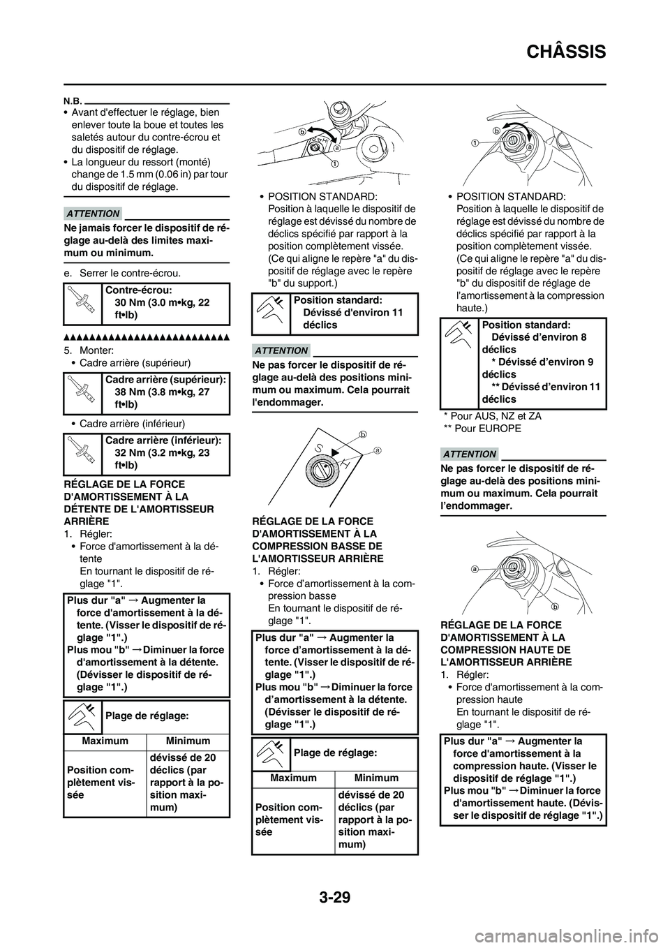 YAMAHA WR 450F 2011 Notices Demploi (in French) 3-29
CHÂSSIS
• Avant deffectuer le réglage, bien
enlever toute la boue et toutes les
saletés autour du contre-écrou et
du dispositif de réglage.
• La longueur du ressort (monté)
change YAMAHA WR 450F 2011 Notices Demploi (in French) 3-29
CHÂSSIS
• Avant deffectuer le réglage, bien
enlever toute la boue et toutes les
saletés autour du contre-écrou et
du dispositif de réglage.
• La longueur du ressort (monté)
change