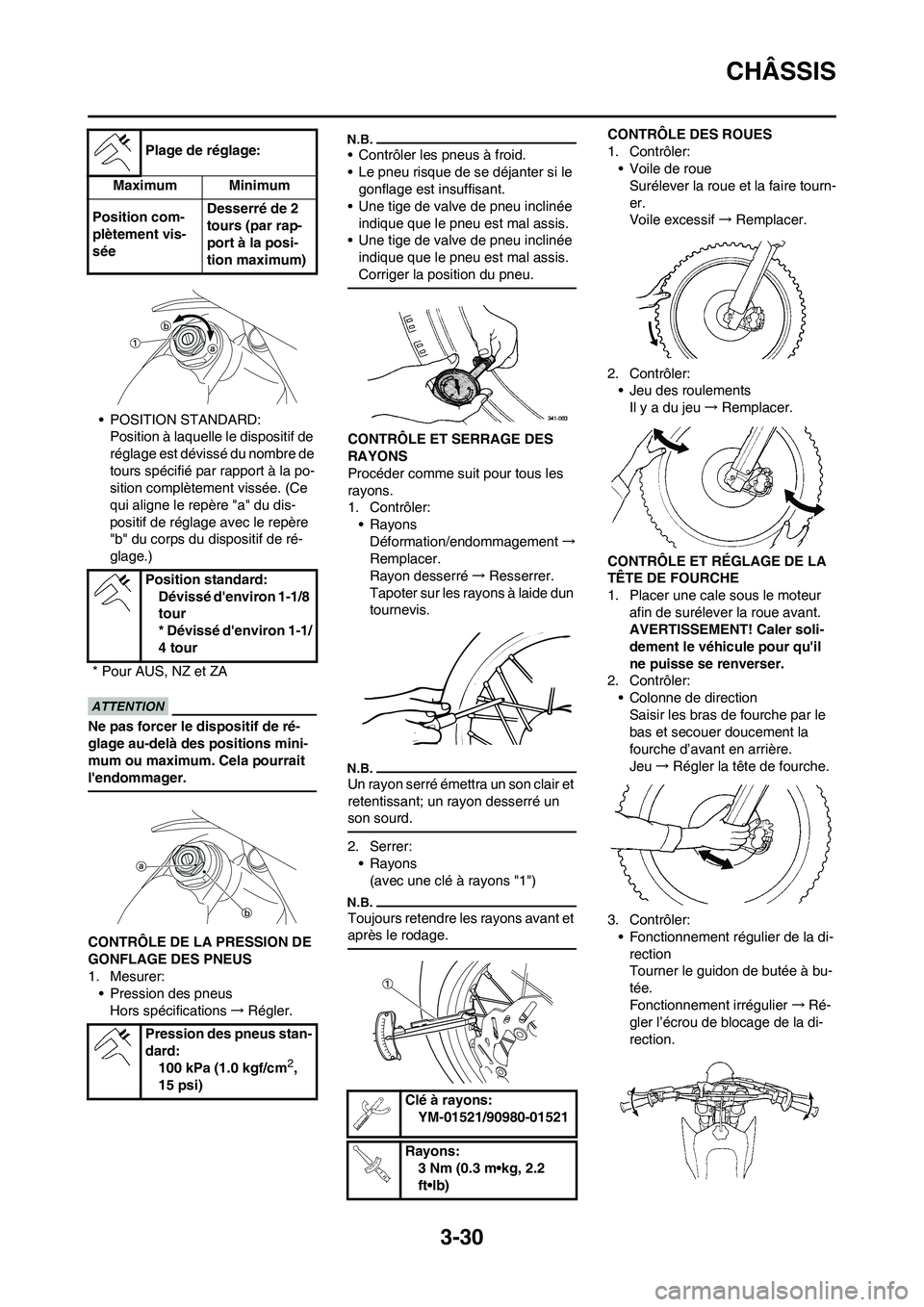 YAMAHA WR 450F 2011 Notices Demploi (in French) 3-30
CHÂSSIS
• POSITION STANDARD:
Position à laquelle le dispositif de
réglage est dévissé du nombre de
tours spécifié par rapport à la po-
sition complètement vissée. (Ce
qui aligne le YAMAHA WR 450F 2011 Notices Demploi (in French) 3-30
CHÂSSIS
• POSITION STANDARD:
Position à laquelle le dispositif de
réglage est dévissé du nombre de
tours spécifié par rapport à la po-
sition complètement vissée. (Ce
qui aligne le
