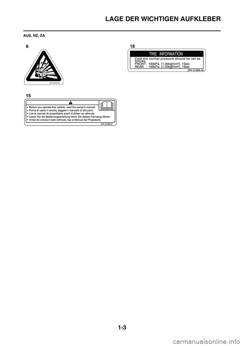 YAMAHA WR 450F 2010 Betriebsanleitungen (in German)
1-3
LAGE DER WICHTIGEN AUFKLEBER
AUS, NZ, ZA YAMAHA WR 450F 2010 Betriebsanleitungen (in German)
1-3
LAGE DER WICHTIGEN AUFKLEBER
AUS, NZ, ZA