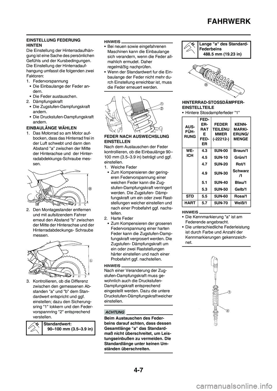 YAMAHA WR 450F 2010  Betriebsanleitungen (in German) 4-7
FAHRWERK
EINSTELLUNG FEDERUNG 
HINTEN
Die Einstellung der Hinterradaufhän-
gung ist eine Sache des persönlichen 
Gefühls und der Kursbedingungen.
Die Einstellung der Hinterradauf-
hangung umfas