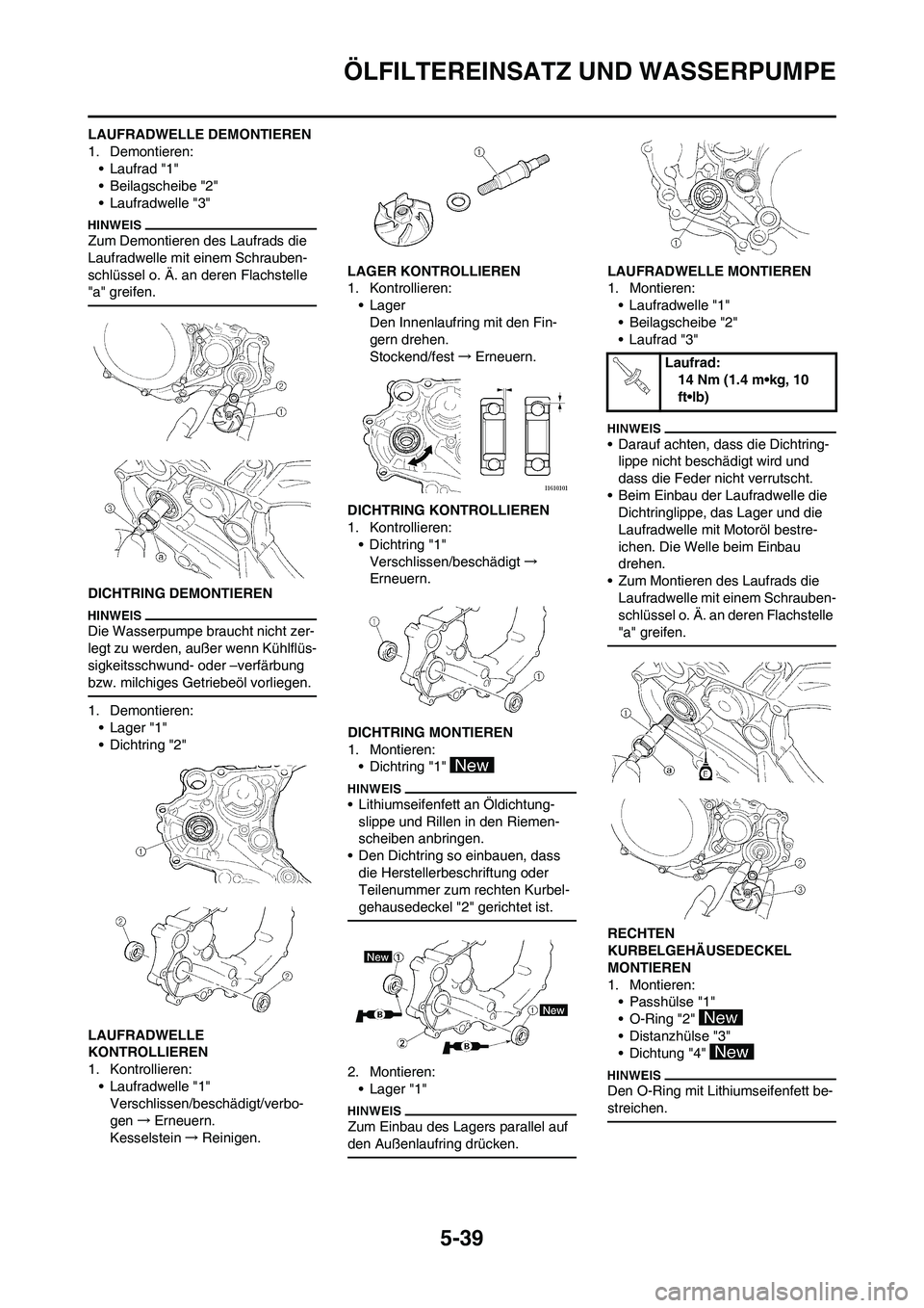 YAMAHA WR 450F 2010 Betriebsanleitungen (in German) 5-39
ÖLFILTEREINSATZ UND WASSERPUMPE
LAUFRADWELLE DEMONTIEREN
1. Demontieren:
• Laufrad "1"
• Beilagscheibe "2"
• Laufradwelle "3"
Zum Demontieren des Laufrads die
Laufradwelle mit einem Schra YAMAHA WR 450F 2010 Betriebsanleitungen (in German) 5-39
ÖLFILTEREINSATZ UND WASSERPUMPE
LAUFRADWELLE DEMONTIEREN
1. Demontieren:
• Laufrad "1"
• Beilagscheibe "2"
• Laufradwelle "3"
Zum Demontieren des Laufrads die
Laufradwelle mit einem Schra