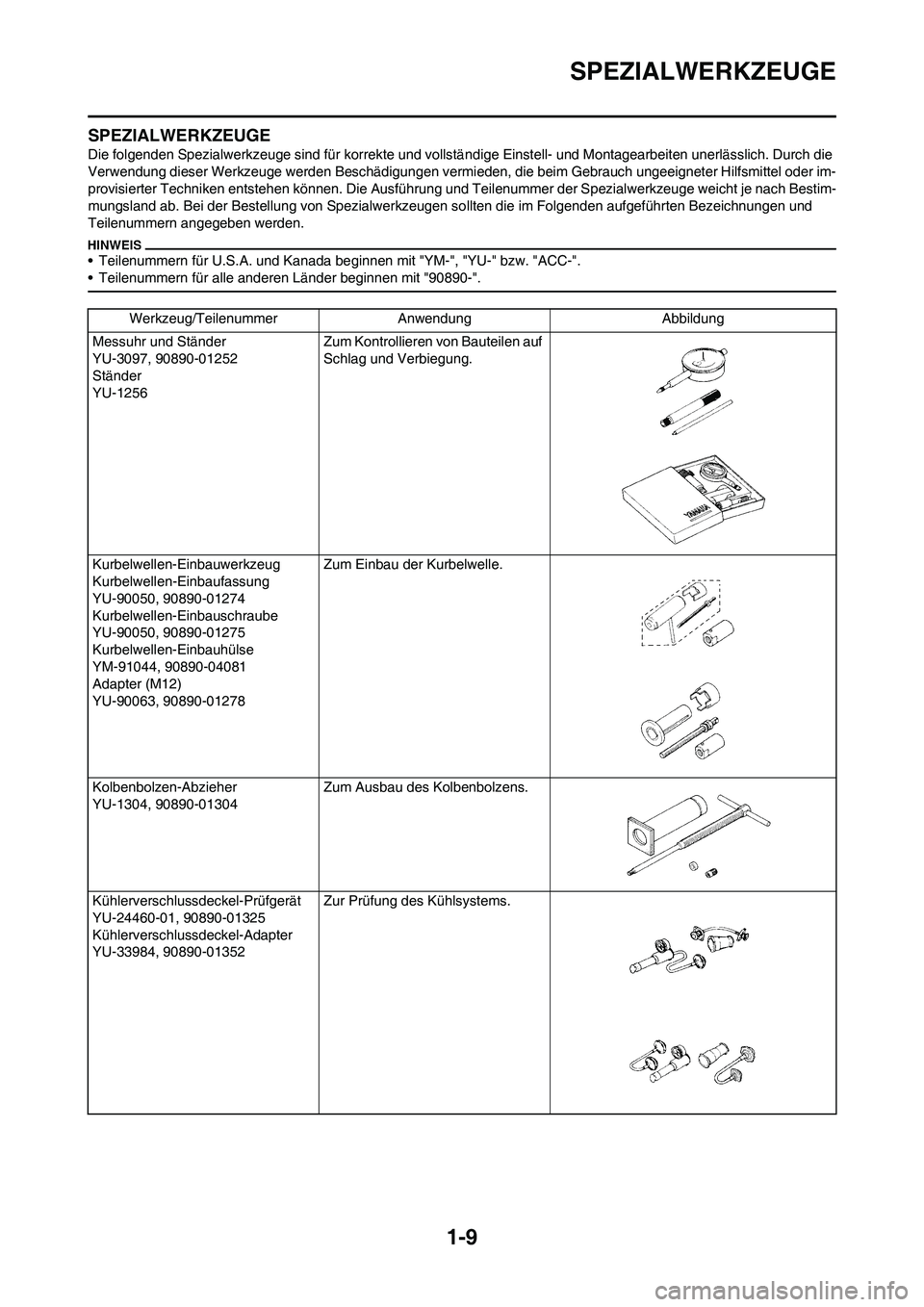 YAMAHA WR 450F 2010 Betriebsanleitungen (in German)
1-9
SPEZIALWERKZEUGE
SPEZIALWERKZEUGE
Die folgenden Spezialwerkzeuge sind für korrekte und vollständige Einstell- und Montagearbeiten unerlässlich. Durch die
Verwendung dieser Werkzeuge werden Be YAMAHA WR 450F 2010 Betriebsanleitungen (in German)
1-9
SPEZIALWERKZEUGE
SPEZIALWERKZEUGE
Die folgenden Spezialwerkzeuge sind für korrekte und vollständige Einstell- und Montagearbeiten unerlässlich. Durch die
Verwendung dieser Werkzeuge werden Be