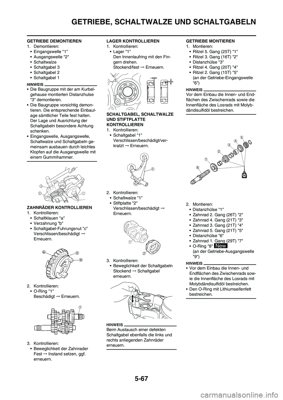 YAMAHA WR 450F 2010 Betriebsanleitungen (in German) 5-67
GETRIEBE, SCHALTWALZE UND SCHALTGABELN
GETRIEBE DEMONTIEREN
1. Demontieren:
• Eingangswelle "1"
• Ausgangswelle "2"
• Schaltwalze
• Schaltgabel 3
• Schaltgabel 2
• Schaltgabel 1
• D YAMAHA WR 450F 2010 Betriebsanleitungen (in German) 5-67
GETRIEBE, SCHALTWALZE UND SCHALTGABELN
GETRIEBE DEMONTIEREN
1. Demontieren:
• Eingangswelle "1"
• Ausgangswelle "2"
• Schaltwalze
• Schaltgabel 3
• Schaltgabel 2
• Schaltgabel 1
• D