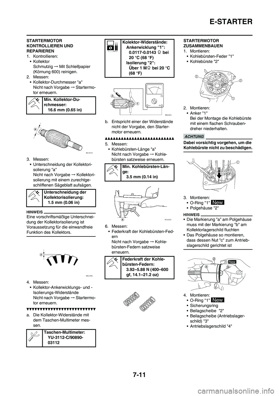 YAMAHA WR 450F 2010 Betriebsanleitungen (in German) 7-11
E-STARTER
STARTERMOTOR
KONTROLLIEREN UND
REPARIEREN
1. Kontrollieren:
•Kollektor
Schmutzig→Mit Schleifpapier
(Körnung 600) reinigen.
2. Messen:
• Kollektor-Durchmesser "a"
Nicht nach Vo YAMAHA WR 450F 2010 Betriebsanleitungen (in German) 7-11
E-STARTER
STARTERMOTOR
KONTROLLIEREN UND
REPARIEREN
1. Kontrollieren:
•Kollektor
Schmutzig→Mit Schleifpapier
(Körnung 600) reinigen.
2. Messen:
• Kollektor-Durchmesser "a"
Nicht nach Vo