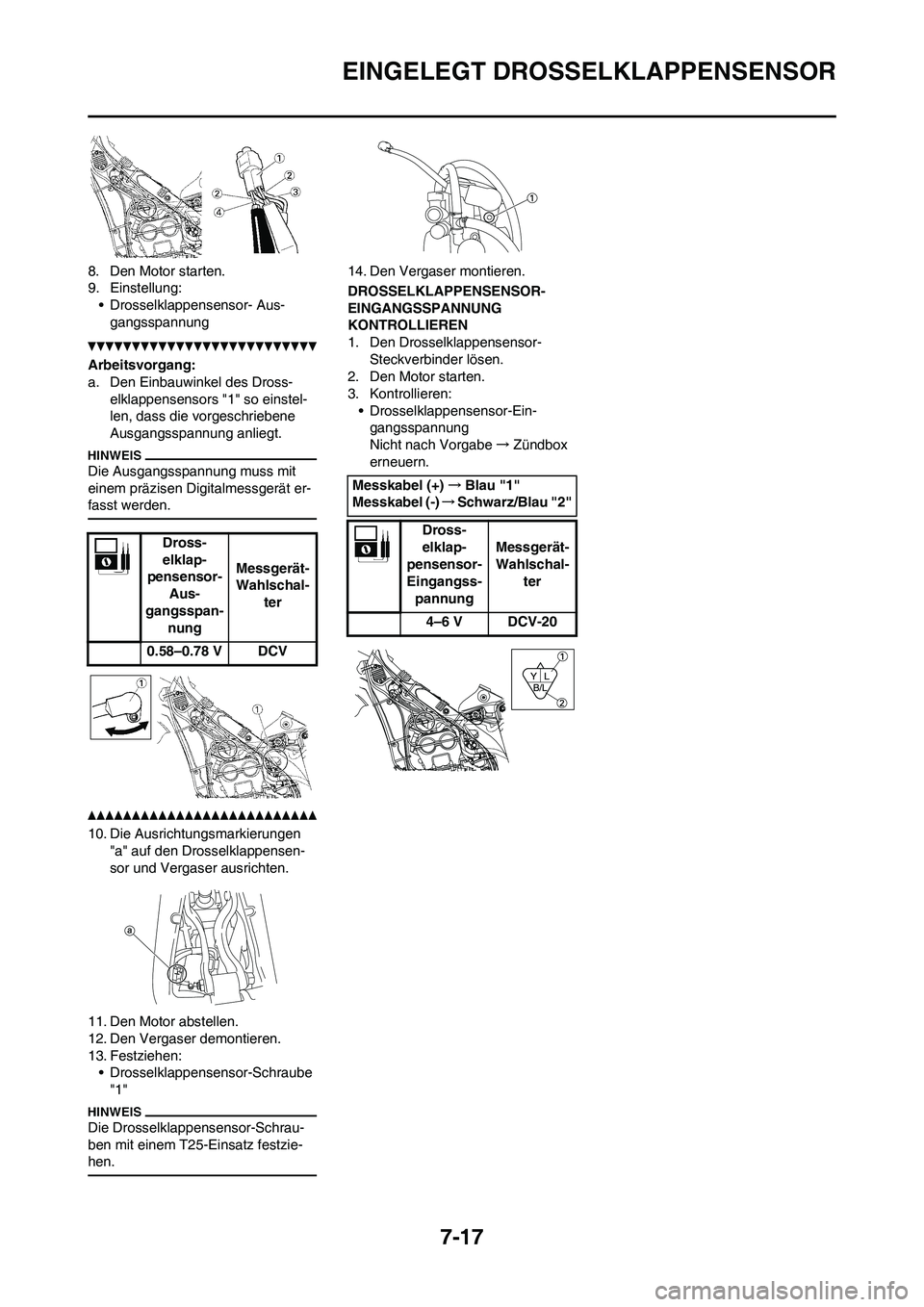 YAMAHA WR 450F 2010 Betriebsanleitungen (in German) 7-17
EINGELEGT DROSSELKLAPPENSENSOR
8. Den Motor starten.
9. Einstellung:
• Drosselklappensensor- Aus-
gangsspannung
Arbeitsvorgang:
a. Den Einbauwinkel des Dross-
elklappensensors "1" so einstel-
l YAMAHA WR 450F 2010 Betriebsanleitungen (in German) 7-17
EINGELEGT DROSSELKLAPPENSENSOR
8. Den Motor starten.
9. Einstellung:
• Drosselklappensensor- Aus-
gangsspannung
Arbeitsvorgang:
a. Den Einbauwinkel des Dross-
elklappensensors "1" so einstel-
l