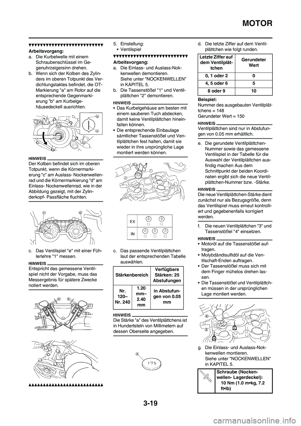 YAMAHA WR 450F 2010 Betriebsanleitungen (in German) 3-19
MOTOR
Arbeitsvorgang:
a. Die Kurbelwelle mit einem
Schraubenschlüssel im Ge-
genuhrzeigersinn drehen.
b. Wenn sich der Kolben des Zylin-
ders im oberen Totpunkt des Ver-
dichtungstaktes befinde YAMAHA WR 450F 2010 Betriebsanleitungen (in German) 3-19
MOTOR
Arbeitsvorgang:
a. Die Kurbelwelle mit einem
Schraubenschlüssel im Ge-
genuhrzeigersinn drehen.
b. Wenn sich der Kolben des Zylin-
ders im oberen Totpunkt des Ver-
dichtungstaktes befinde