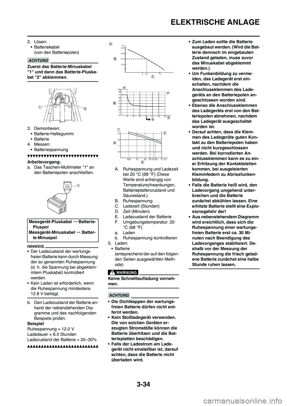 YAMAHA WR 450F 2010 Betriebsanleitungen (in German) 3-34
ELEKTRISCHE ANLAGE
2. Lösen:
• Batteriekabel
(von den Batteriepolen)
Zuerst das Batterie-Minuskabel
"1" und dann das Batterie-Pluska-
bel "2" abklemmen.
3. Demontieren:
• Batterie-Haltegumm YAMAHA WR 450F 2010 Betriebsanleitungen (in German) 3-34
ELEKTRISCHE ANLAGE
2. Lösen:
• Batteriekabel
(von den Batteriepolen)
Zuerst das Batterie-Minuskabel
"1" und dann das Batterie-Pluska-
bel "2" abklemmen.
3. Demontieren:
• Batterie-Haltegumm