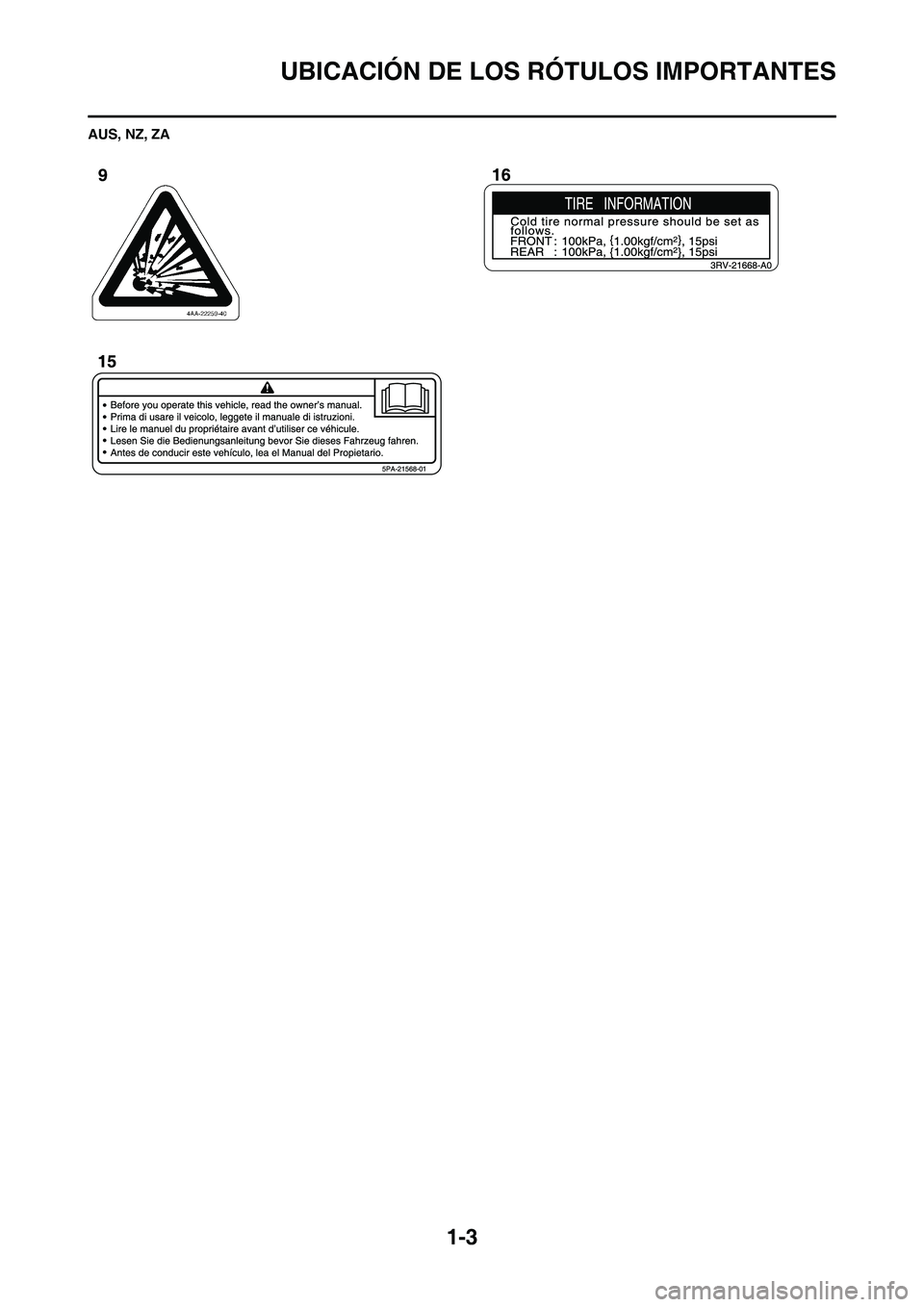 YAMAHA WR 450F 2010 Manuale de Empleo (in Spanish)
1-3
UBICACIÓN DE LOS RÓTULOS IMPORTANTES
AUS, NZ, ZA YAMAHA WR 450F 2010 Manuale de Empleo (in Spanish)
1-3
UBICACIÓN DE LOS RÓTULOS IMPORTANTES
AUS, NZ, ZA