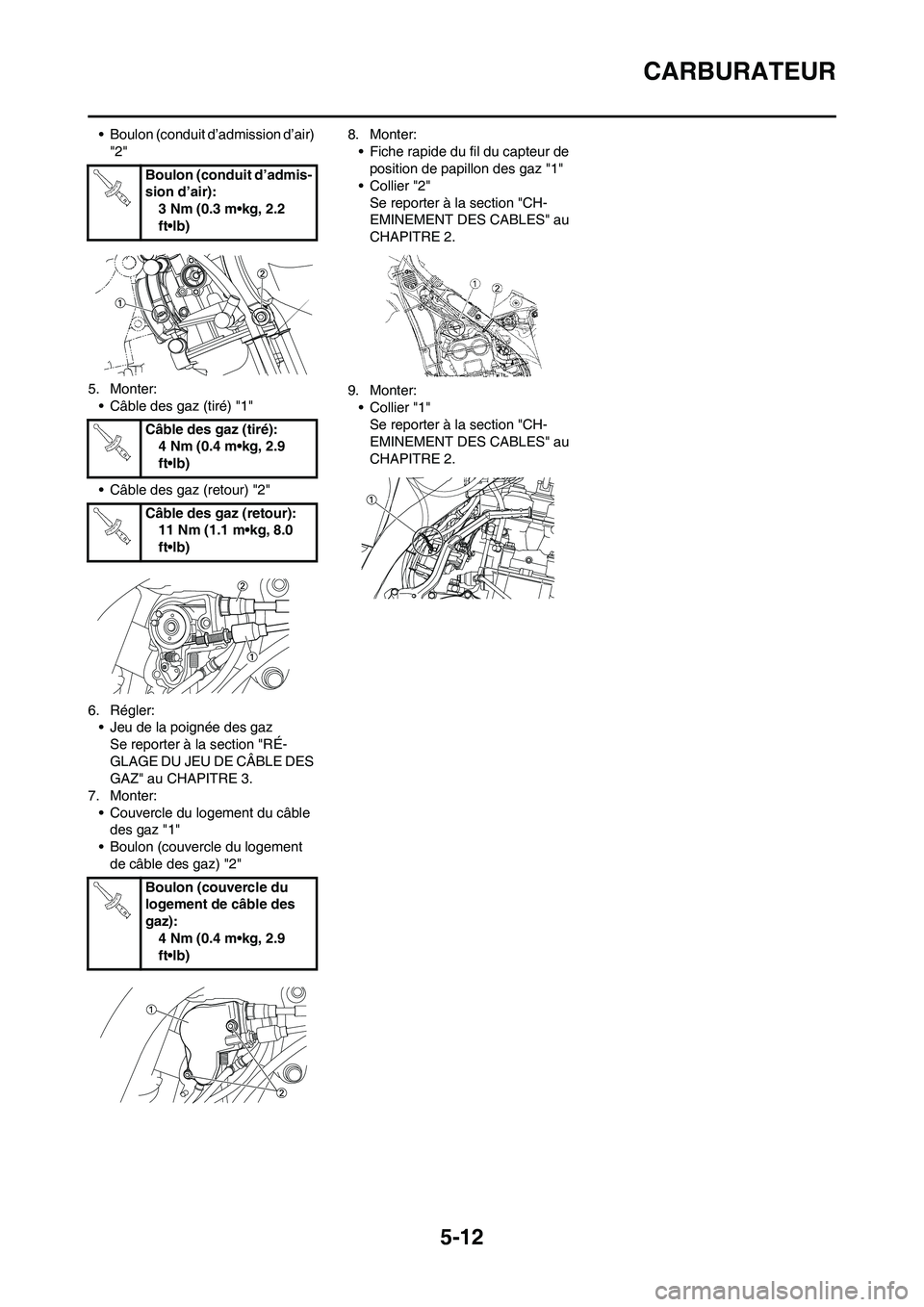 YAMAHA WR 450F 2010 Notices Demploi (in French) 5-12
CARBURATEUR
• Boulon (conduit d’admission d’air)
"2"
5. Monter:
• Câble des gaz (tiré) "1"
• Câble des gaz (retour) "2"
6. Régler:
• Jeu de la poignée des gaz
Se reporter à la YAMAHA WR 450F 2010 Notices Demploi (in French) 5-12
CARBURATEUR
• Boulon (conduit d’admission d’air)
"2"
5. Monter:
• Câble des gaz (tiré) "1"
• Câble des gaz (retour) "2"
6. Régler:
• Jeu de la poignée des gaz
Se reporter à la