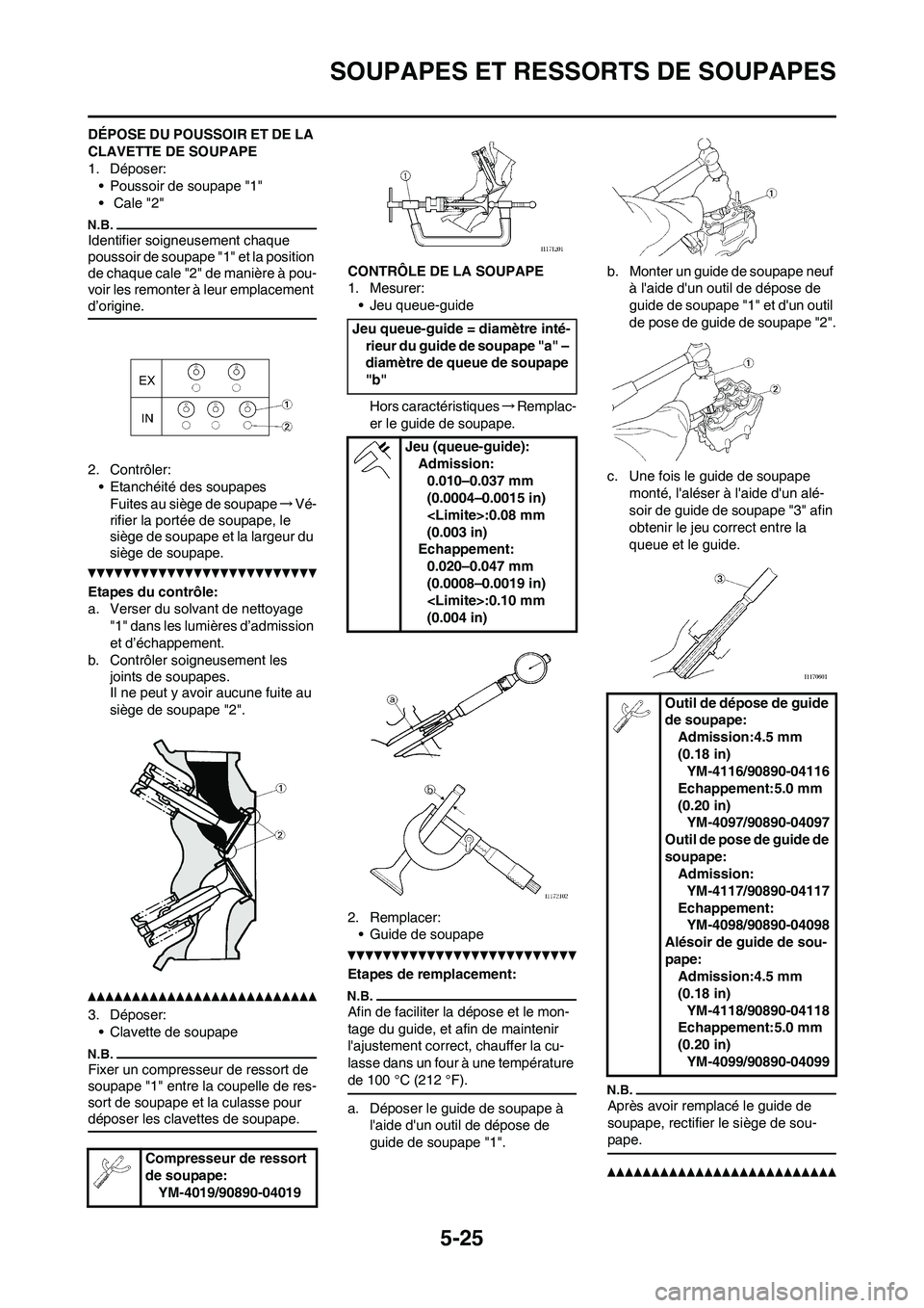 YAMAHA WR 450F 2010 Notices Demploi (in French) 5-25
SOUPAPES ET RESSORTS DE SOUPAPES
DÉPOSE DU POUSSOIR ET DE LA
CLAVETTE DE SOUPAPE
1. Déposer:
• Poussoir de soupape "1"
• Cale "2"
Identifier soigneusement chaque
poussoir de soupape "1" YAMAHA WR 450F 2010 Notices Demploi (in French) 5-25
SOUPAPES ET RESSORTS DE SOUPAPES
DÉPOSE DU POUSSOIR ET DE LA
CLAVETTE DE SOUPAPE
1. Déposer:
• Poussoir de soupape "1"
• Cale "2"
Identifier soigneusement chaque
poussoir de soupape "1"