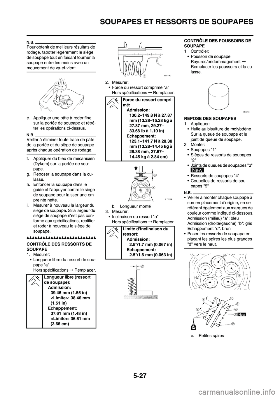 YAMAHA WR 450F 2010 Notices Demploi (in French) 5-27
SOUPAPES ET RESSORTS DE SOUPAPES
Pour obtenir de meilleurs résultats de
rodage, tapoter légèrement le siège
de soupape tout en faisant tourner la
soupape entre les mains avec un
mouvement YAMAHA WR 450F 2010 Notices Demploi (in French) 5-27
SOUPAPES ET RESSORTS DE SOUPAPES
Pour obtenir de meilleurs résultats de
rodage, tapoter légèrement le siège
de soupape tout en faisant tourner la
soupape entre les mains avec un
mouvement