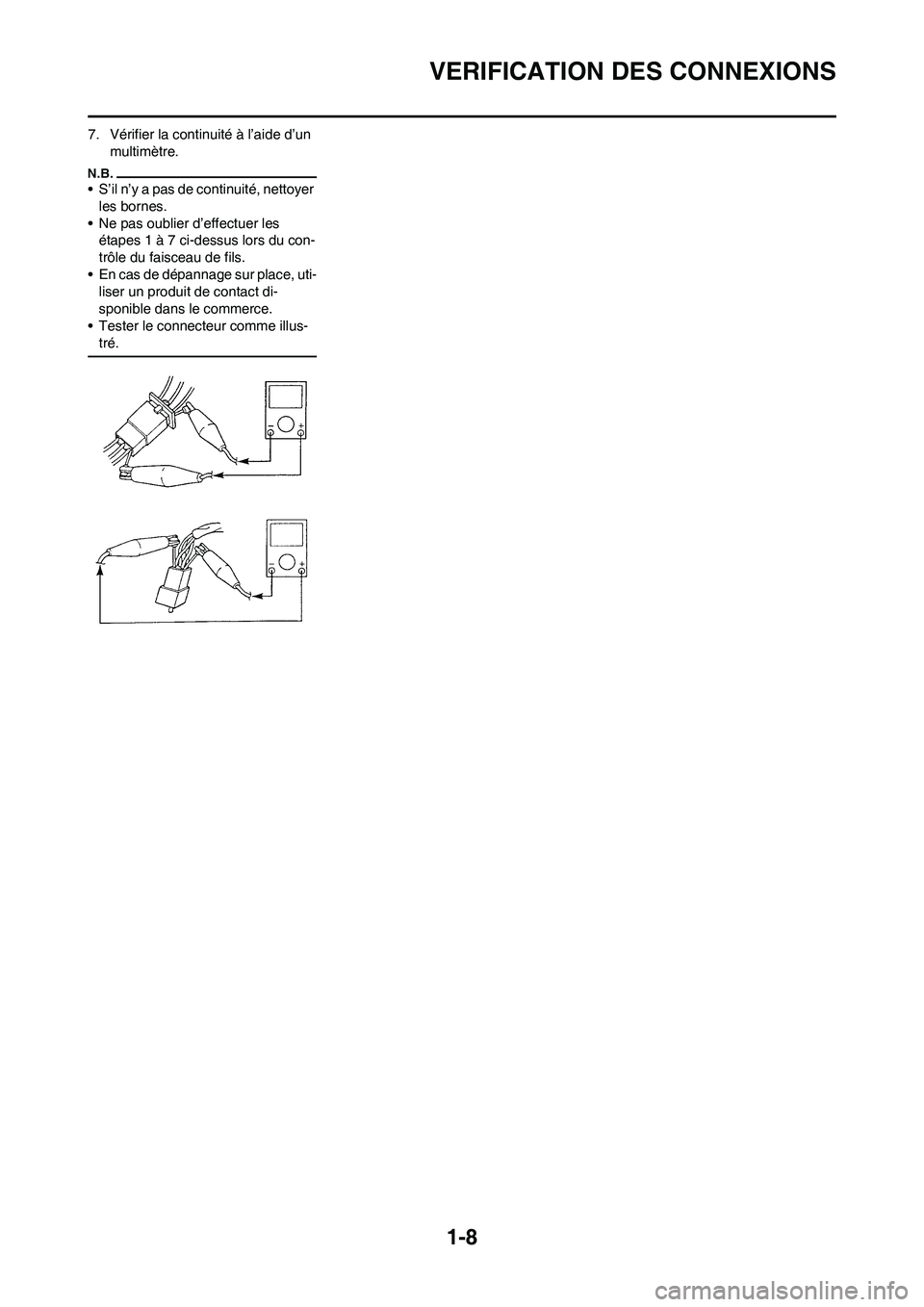YAMAHA WR 450F 2010  Notices Demploi (in French) 
1-8
VERIFICATION DES CONNEXIONS
7. Vérifier la continuité à l’aide d’un multimètre.
• S’il n’y a pas de continuité, nettoyer les bornes.
• Ne pas oublier d’effectuer les  étapes 1
