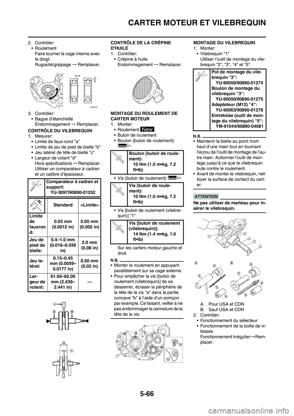 YAMAHA WR 450F 2010 Notices Demploi (in French) 5-66
CARTER MOTEUR ET VILEBREQUIN
2. Contrôler:
•Roulement
Faire tourner la cage interne avec
le doigt.
Rugosité/grippage→Remplacer.
3. Contrôler:
• Bague d’étanchéité
Endommagement→R YAMAHA WR 450F 2010 Notices Demploi (in French) 5-66
CARTER MOTEUR ET VILEBREQUIN
2. Contrôler:
•Roulement
Faire tourner la cage interne avec
le doigt.
Rugosité/grippage→Remplacer.
3. Contrôler:
• Bague d’étanchéité
Endommagement→R