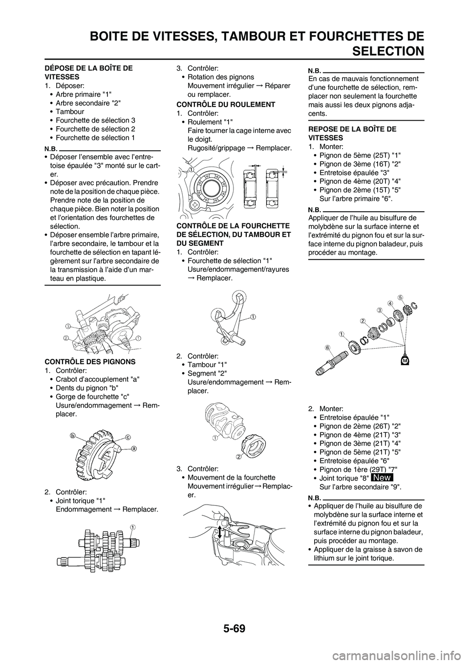 YAMAHA WR 450F 2010 Notices Demploi (in French) 5-69
BOITE DE VITESSES, TAMBOUR ET FOURCHETTES DE
SELECTION
DÉPOSE DE LA BOÎTE DE
VITESSES
1. Déposer:
• Arbre primaire "1"
• Arbre secondaire "2"
• Tambour
• Fourchette de sélection 3
†YAMAHA WR 450F 2010 Notices Demploi (in French) 5-69
BOITE DE VITESSES, TAMBOUR ET FOURCHETTES DE
SELECTION
DÉPOSE DE LA BOÎTE DE
VITESSES
1. Déposer:
• Arbre primaire "1"
• Arbre secondaire "2"
• Tambour
• Fourchette de sélection 3
â€